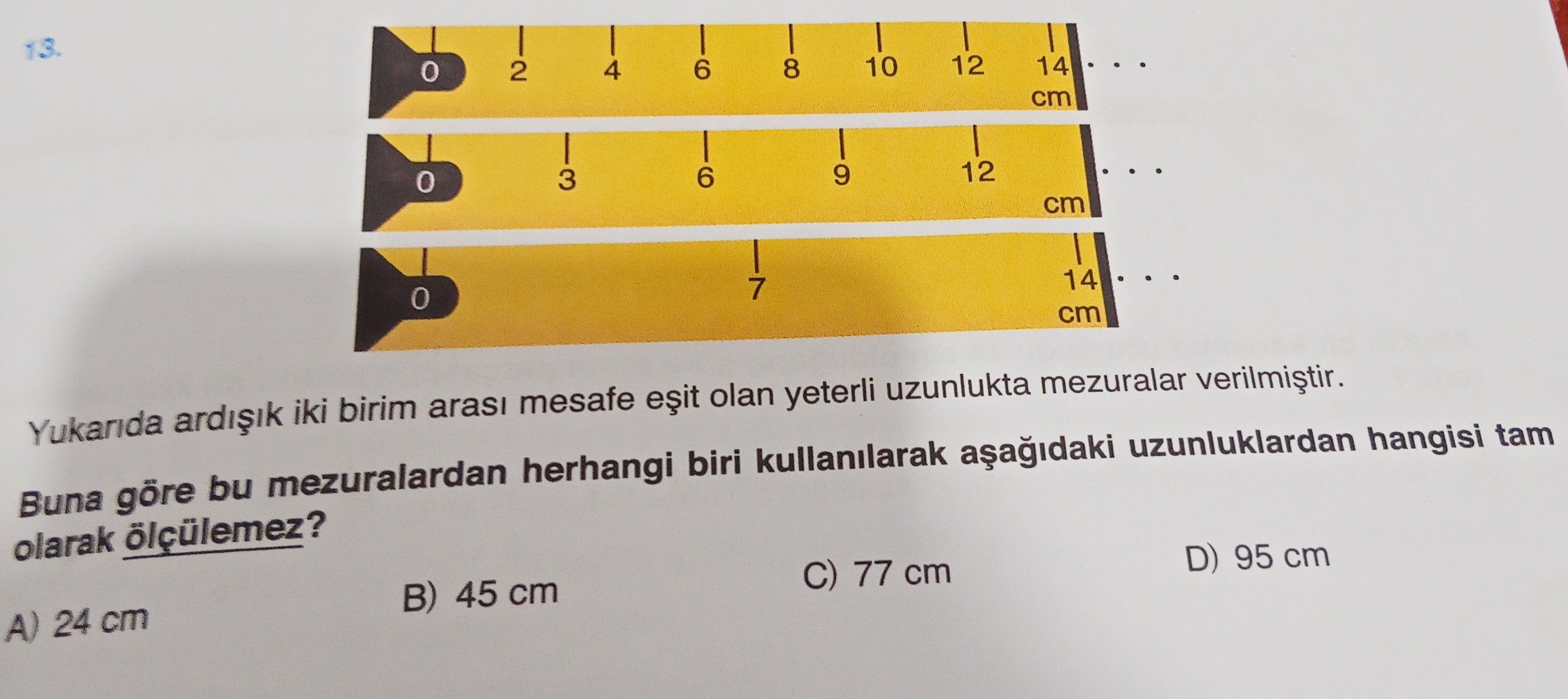Yukarıda ardışık iki birim arası mesafe eşit olan yeterli uzunlukta mezuralar verilmiştir. Buna göre