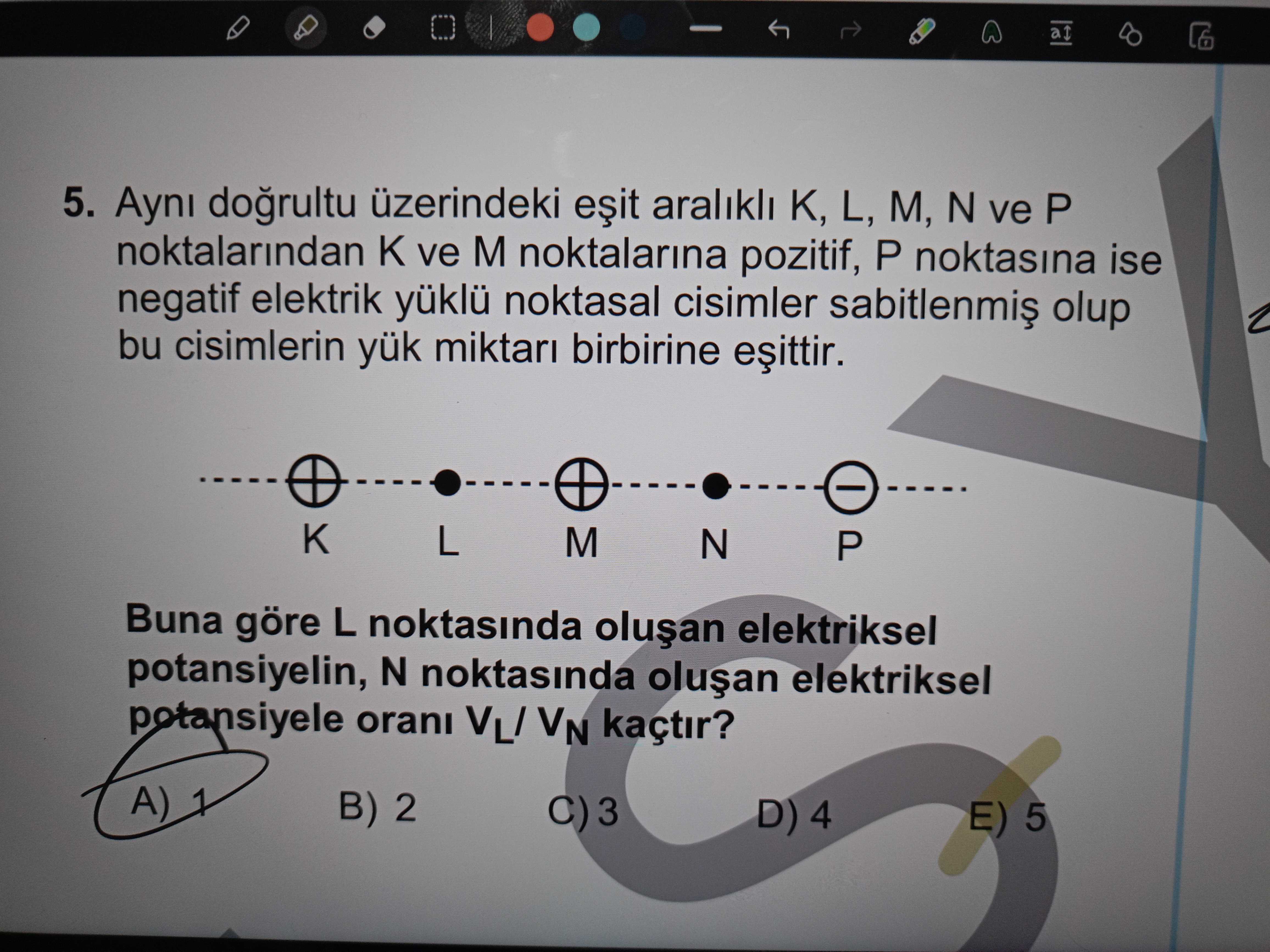 Aynı doğrultu üzerindeki eşit aralıklı K, L, M, N ve P noktalarından K ve M noktalarına pozitif, P