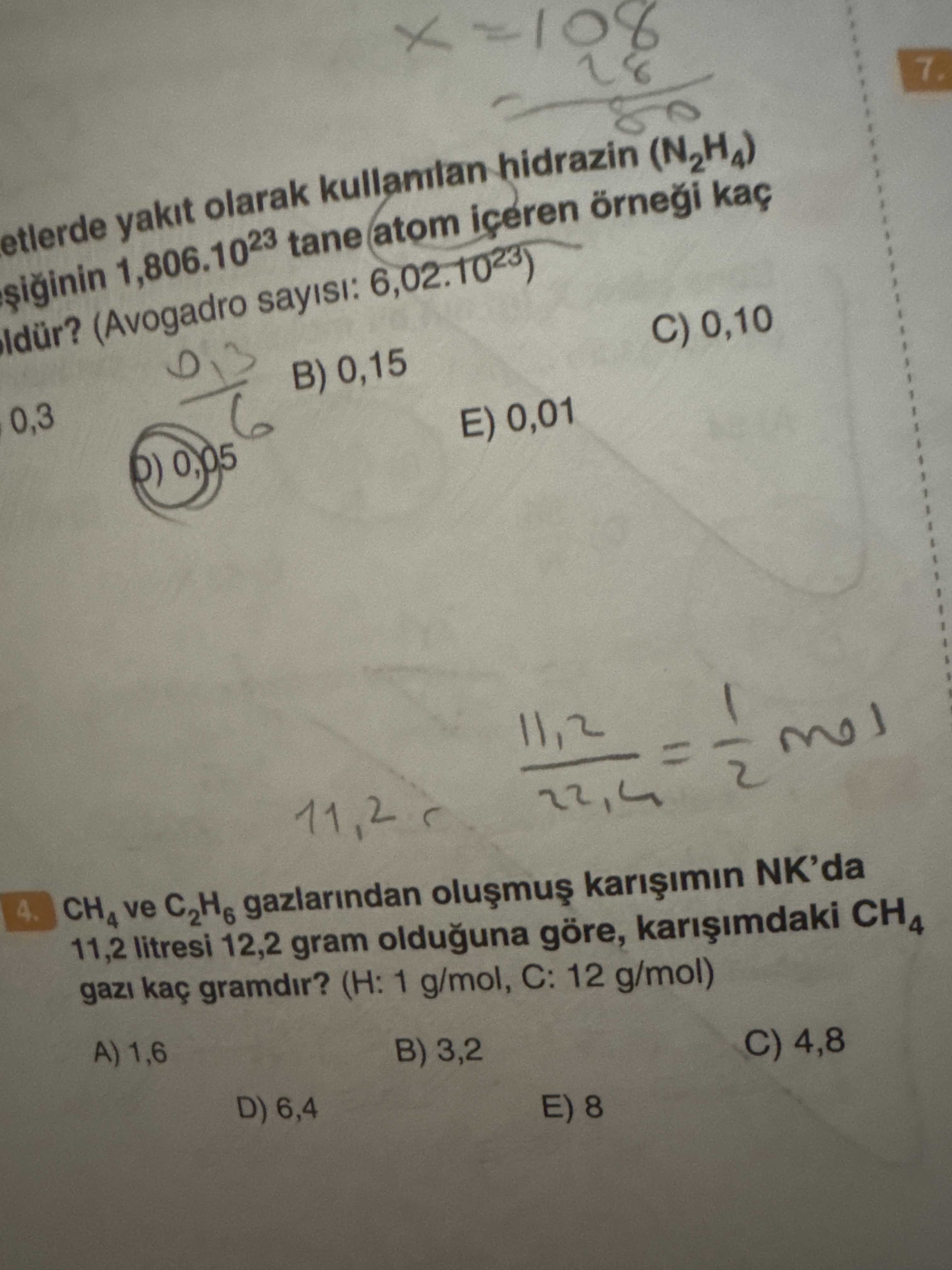 CH₄ ve C₂H₆ gazlarından oluşmuş karışımın NK'da 11,2 litresi 12,2 gram olduğuna göre, karışımdaki