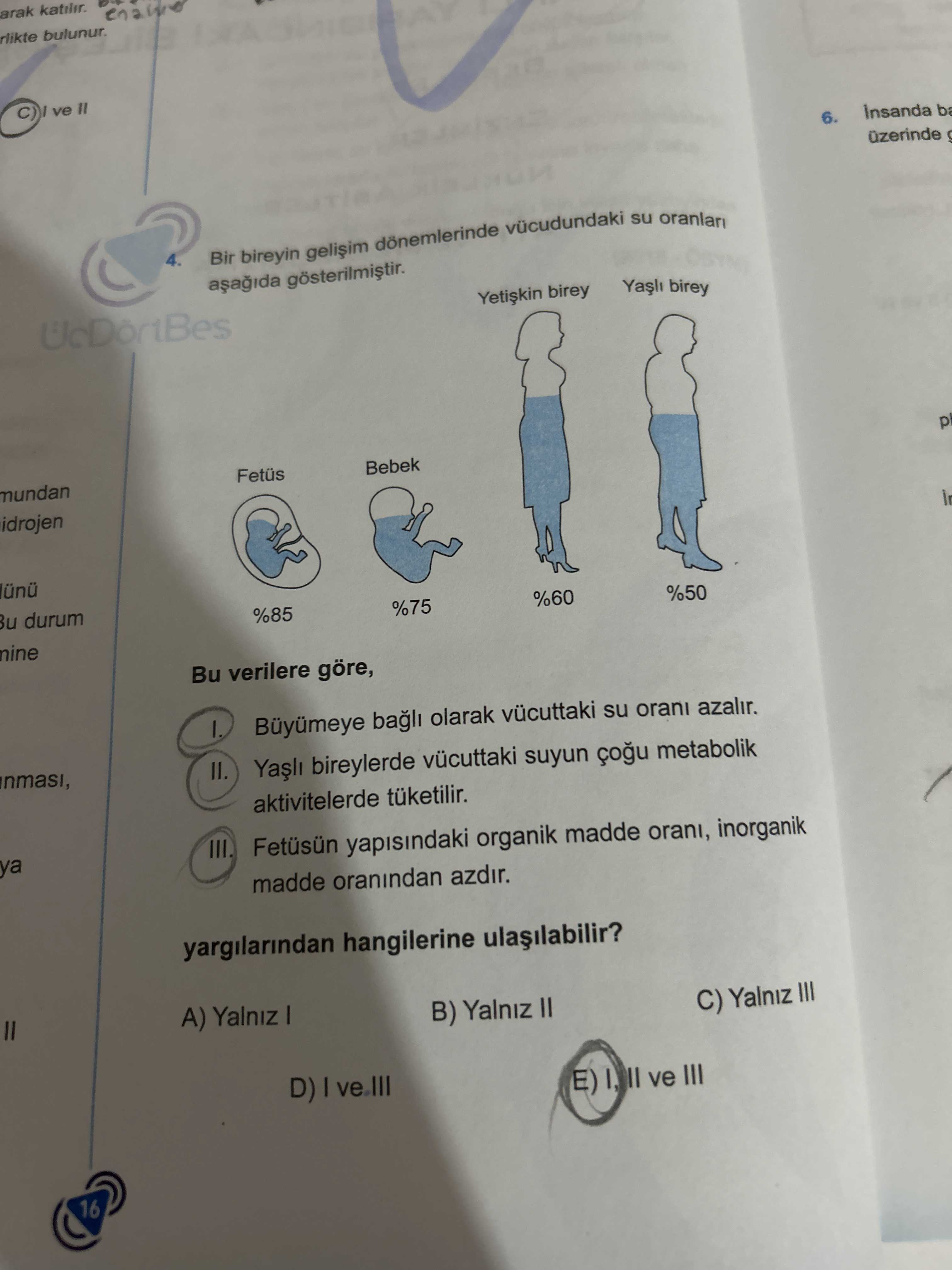 Arak katilir. rlikte bulunur. ve Insanda 6. uzerinde Bir bireyin donemlerinde vucudundaki su birey pl Bebek idrojen durum %60 %50 %85 %75 Bu verilere göre, bagli olarak vücuttaki su orani azalir. II. bireylerde suyun metabolik aktivitelerde tüketilir. Fetüsün yapisindaki organik madde orani, inorganik ya madde oranindan azdir. yargilarindan hangilerine A) Yalniz B) Yalniz II C) Yalniz III D) ve III 16 arak katilir. yargilarindan hangilerine A) Yalniz B) Yalniz II C) Yalniz III D) ve III 16. ?? Model.Question.title