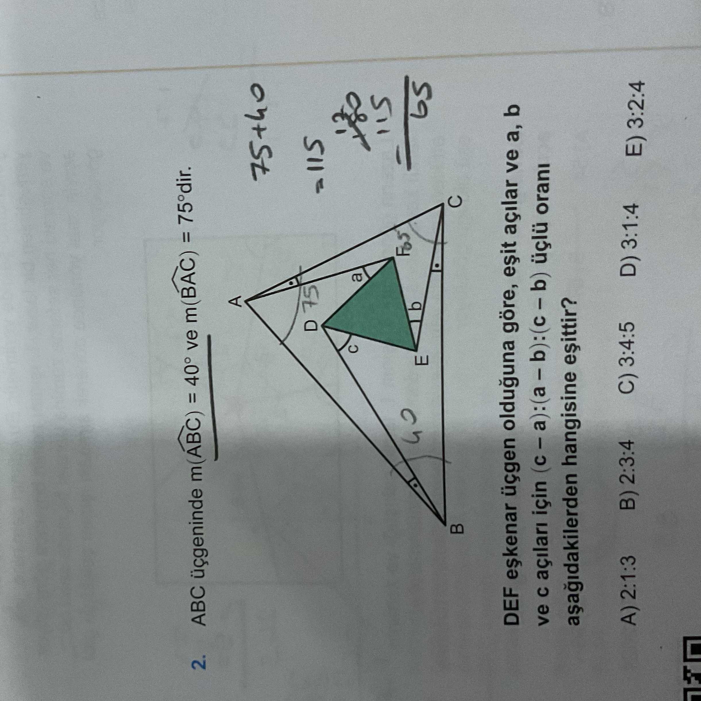 ABC üçgeninde m(ÂBC) = 40° ve m(BÂC) = 75°dir. DEF eşkenar üçgen olduğuna göre, eşit açılar ve a, b