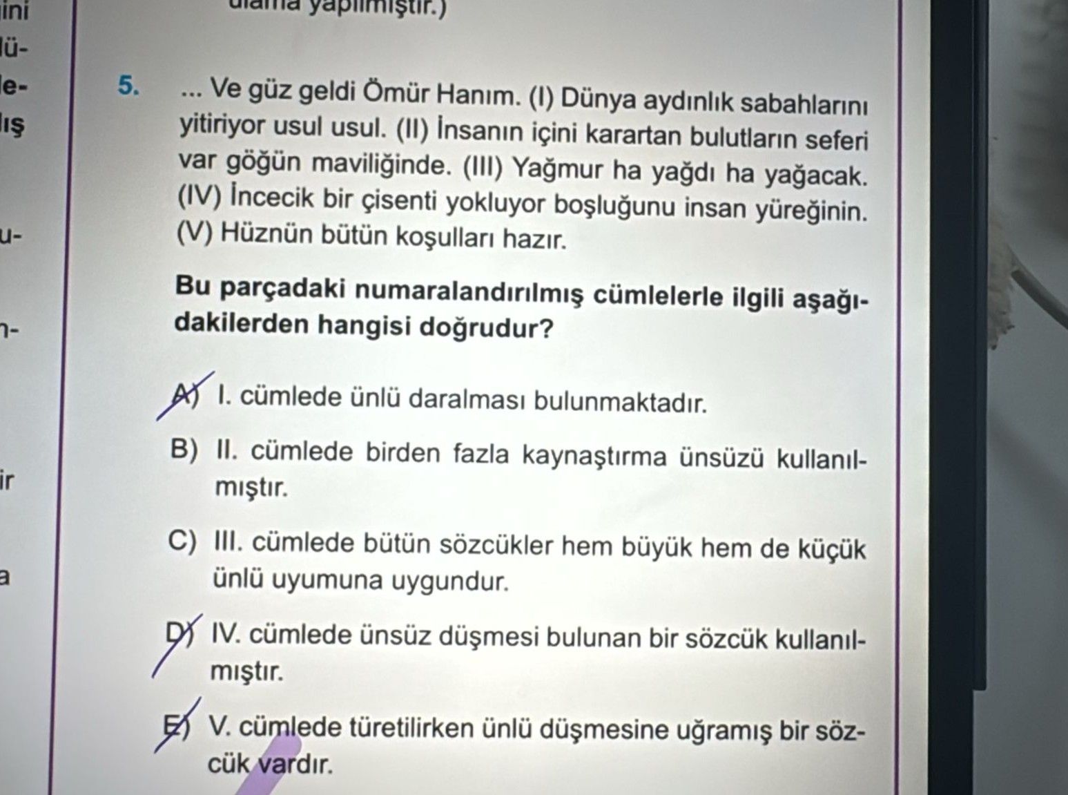 ... Ve güz geldi Ömür Hanım. (I) Dünya aydınlık sabahlarını yitiriyor usul usul. (II) İnsanın içini