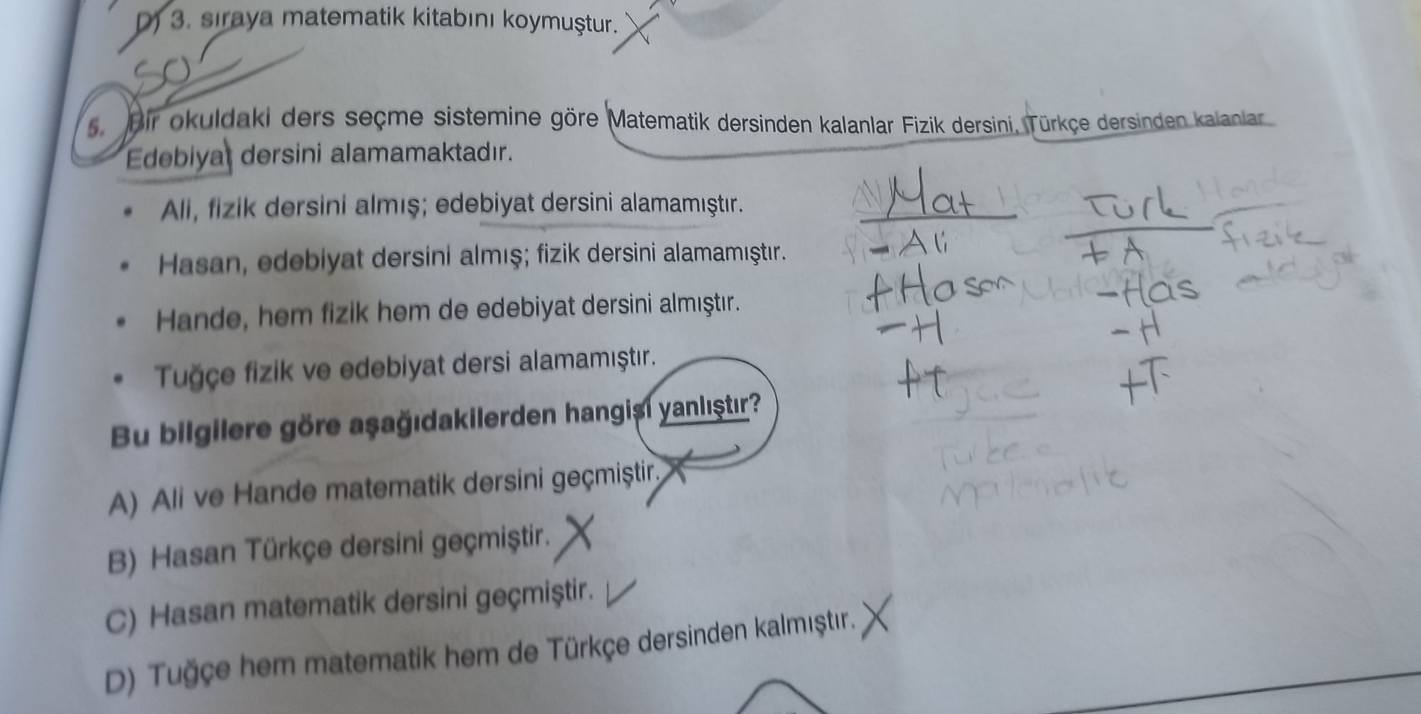 Bir okuldaki ders seçme sistemine göre Matematik dersinden kalanlar Fizik dersini, Türkçe dersinden