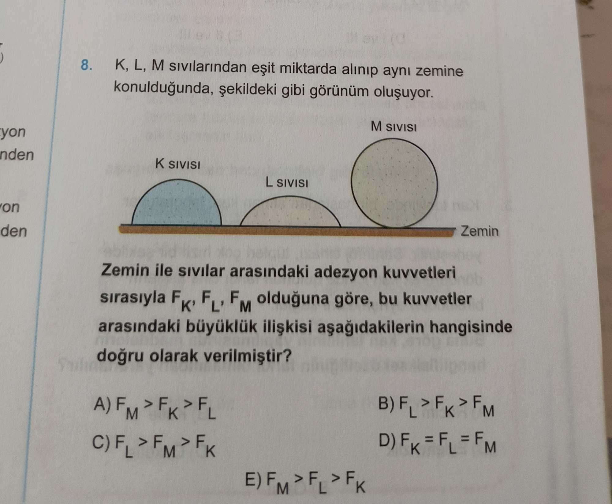 K, L, M sıvılarından eşit miktarda alınıp aynı zemine konulduğunda, şekildeki gibi görünüm oluşuyor