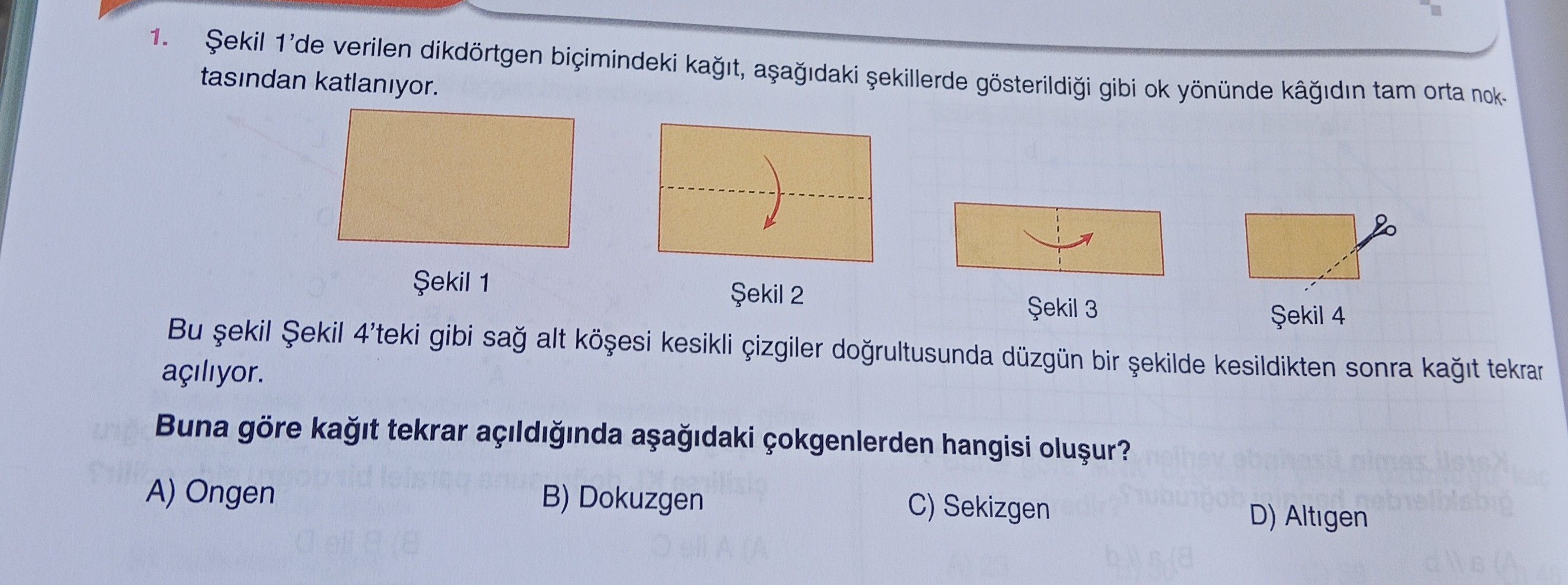Şekil 1'de verilen dikdörtgen biçimindeki kağıt, aşağıdaki şekillerde gösterildiği gibi ok yönünde