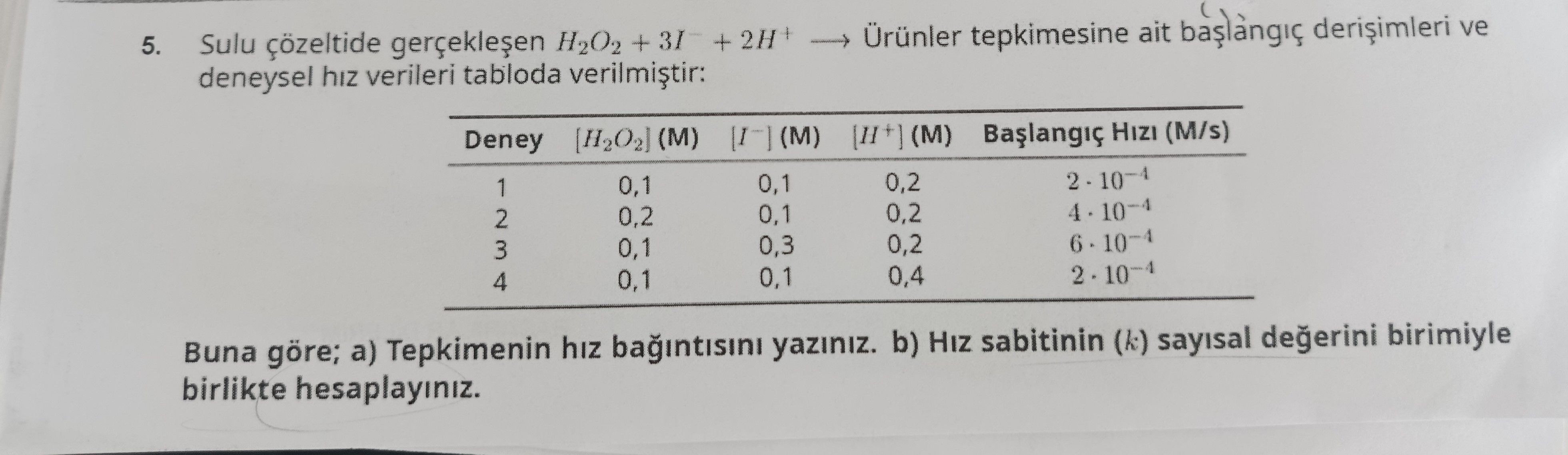 Sulu çözeltide gerçekleşen H₂O₂ + 3I⁻ + 2H⁺ → Ürünler tepkimesine ait başlangıç derişimleri ve