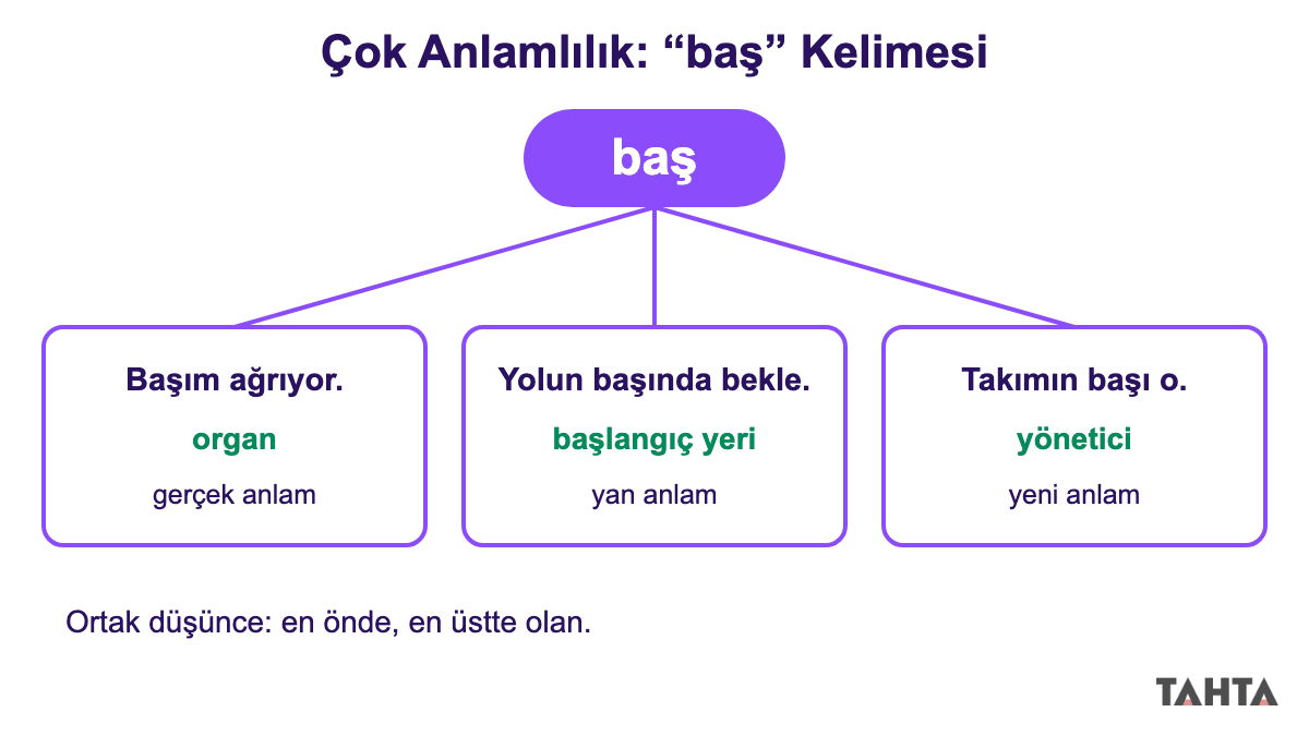 Baş kelimesinin üç farklı cümlede organ, başlangıç yeri ve yönetici anlamlarını gösteren harita