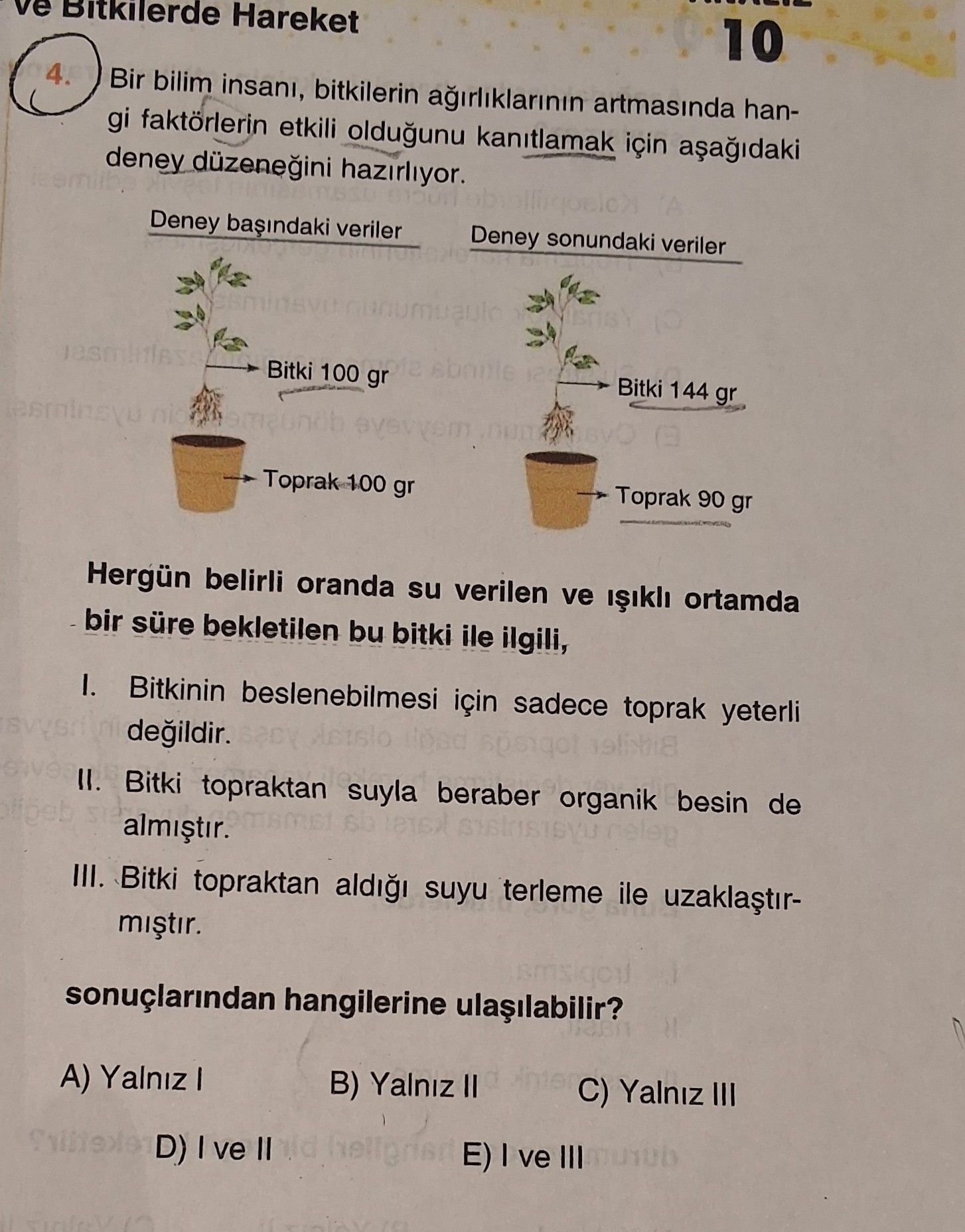 Bir bilim insanı, bitkilerin ağırlıklarının artmasında hangi faktörlerin etkili olduğunu kanıtlamak