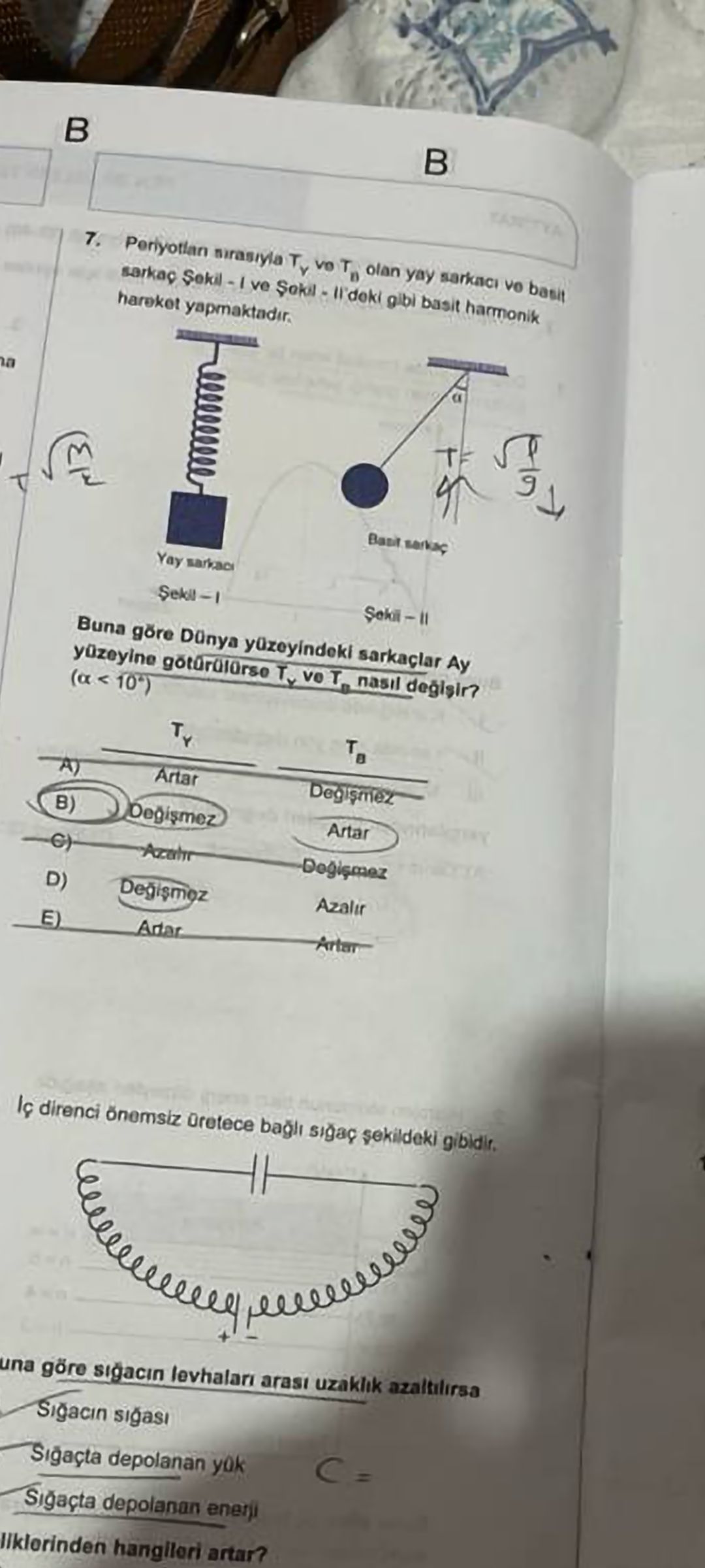 Periyotları sırasıyla T_Y ve T_B olan yay sarkacı ve basit sarkaç Şekil - I ve Şekil - II'deki gibi
