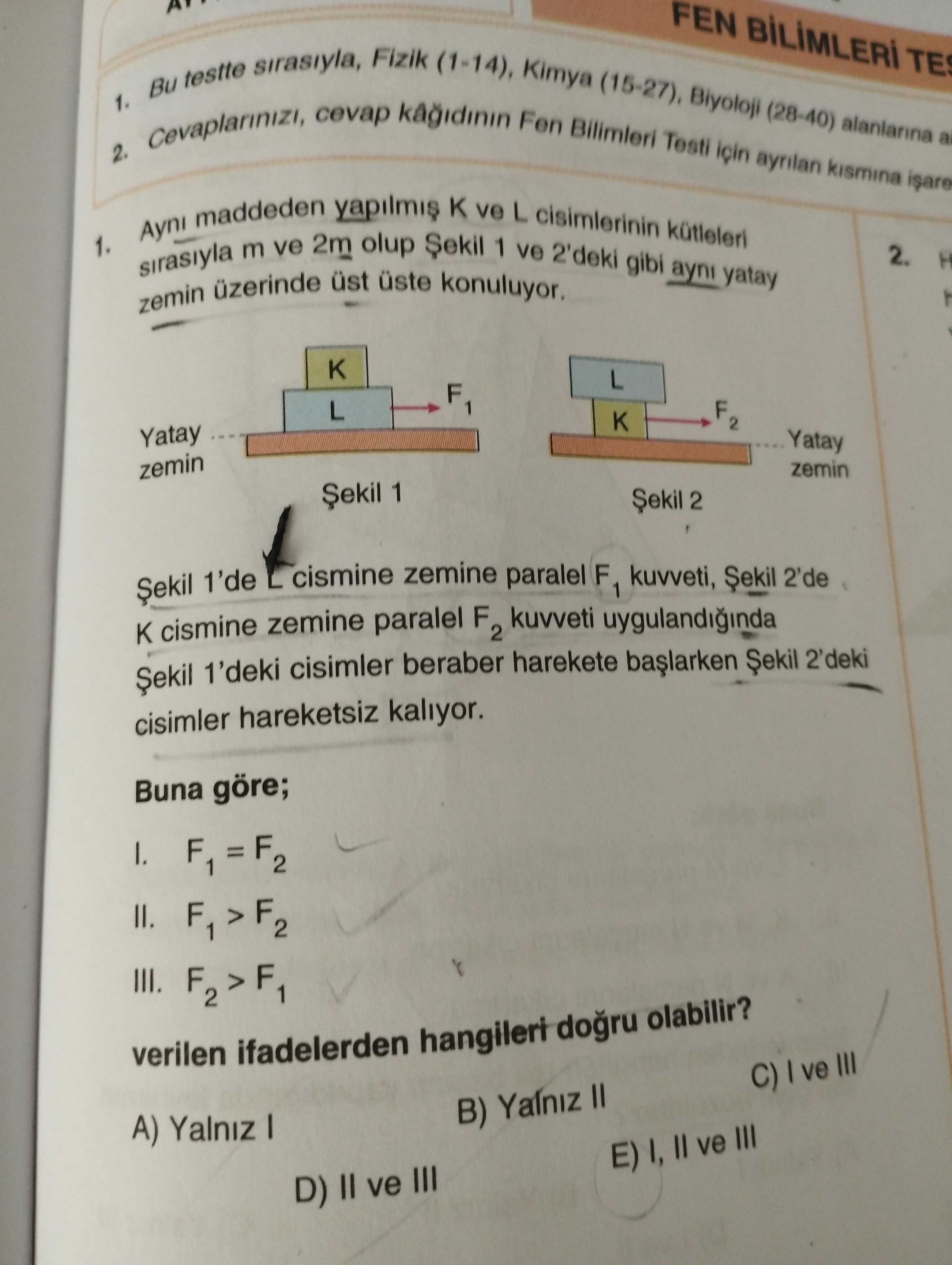 Aynı maddeden yapılmış K ve L cisimlerinin kütleleri sırasıyla m ve 2m olup Şekil 1 ve 2'deki gibi