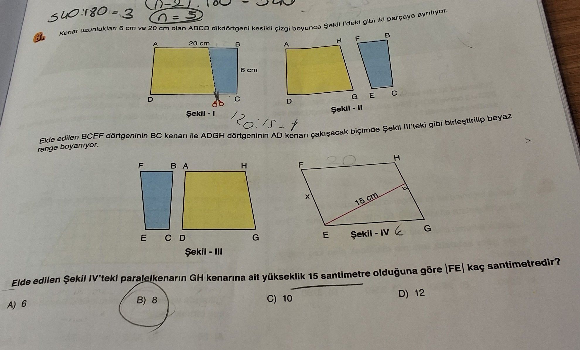 Kenar uzunlukları 6 cm ve 20 cm olan ABCD dikdörtgeni kesikli çizgi boyunca Şekil I'deki gibi iki