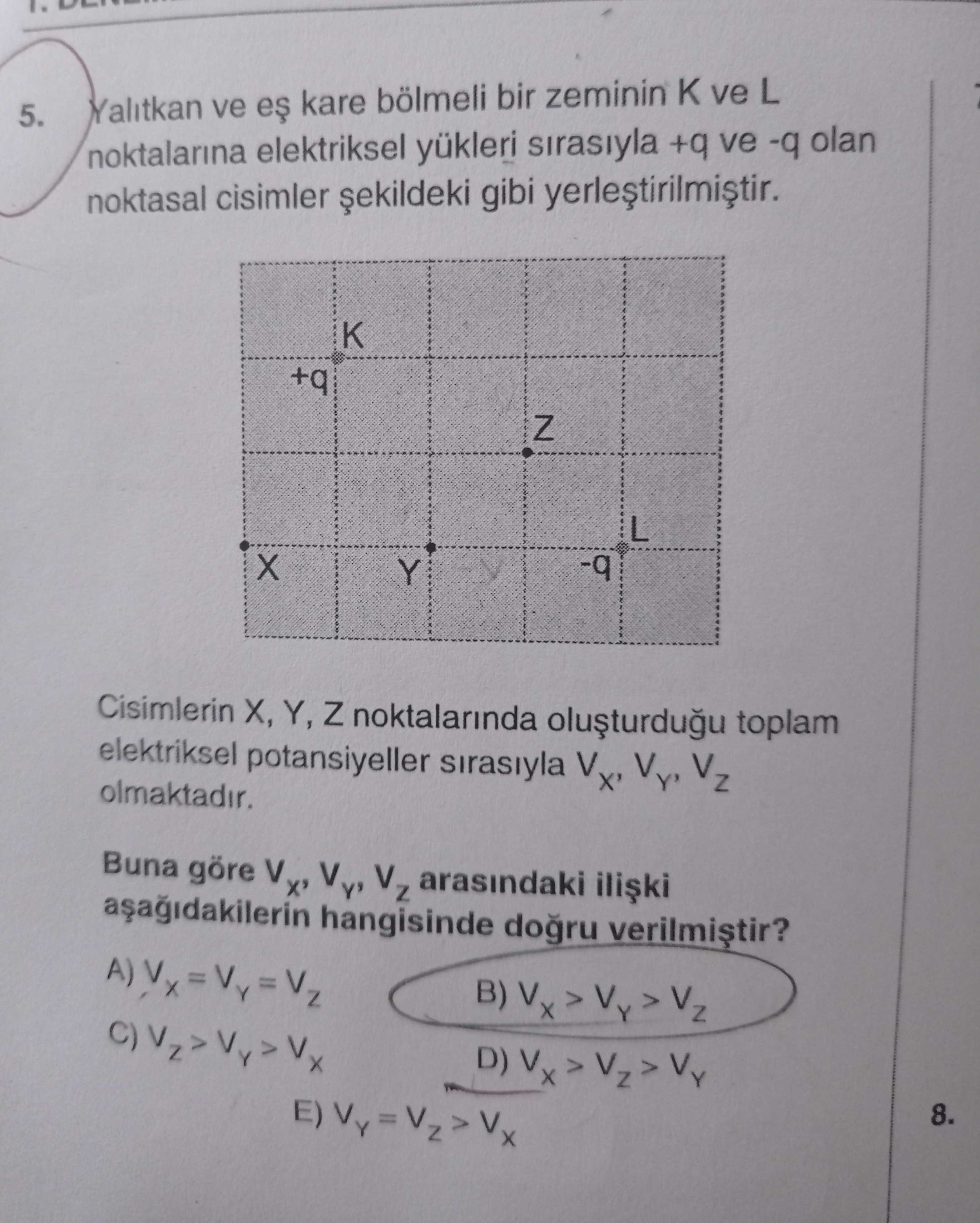 Yalıtkan ve eş kare bölmeli bir zeminin K ve L noktalarına elektriksel yükleri sırasıyla +q ve -q