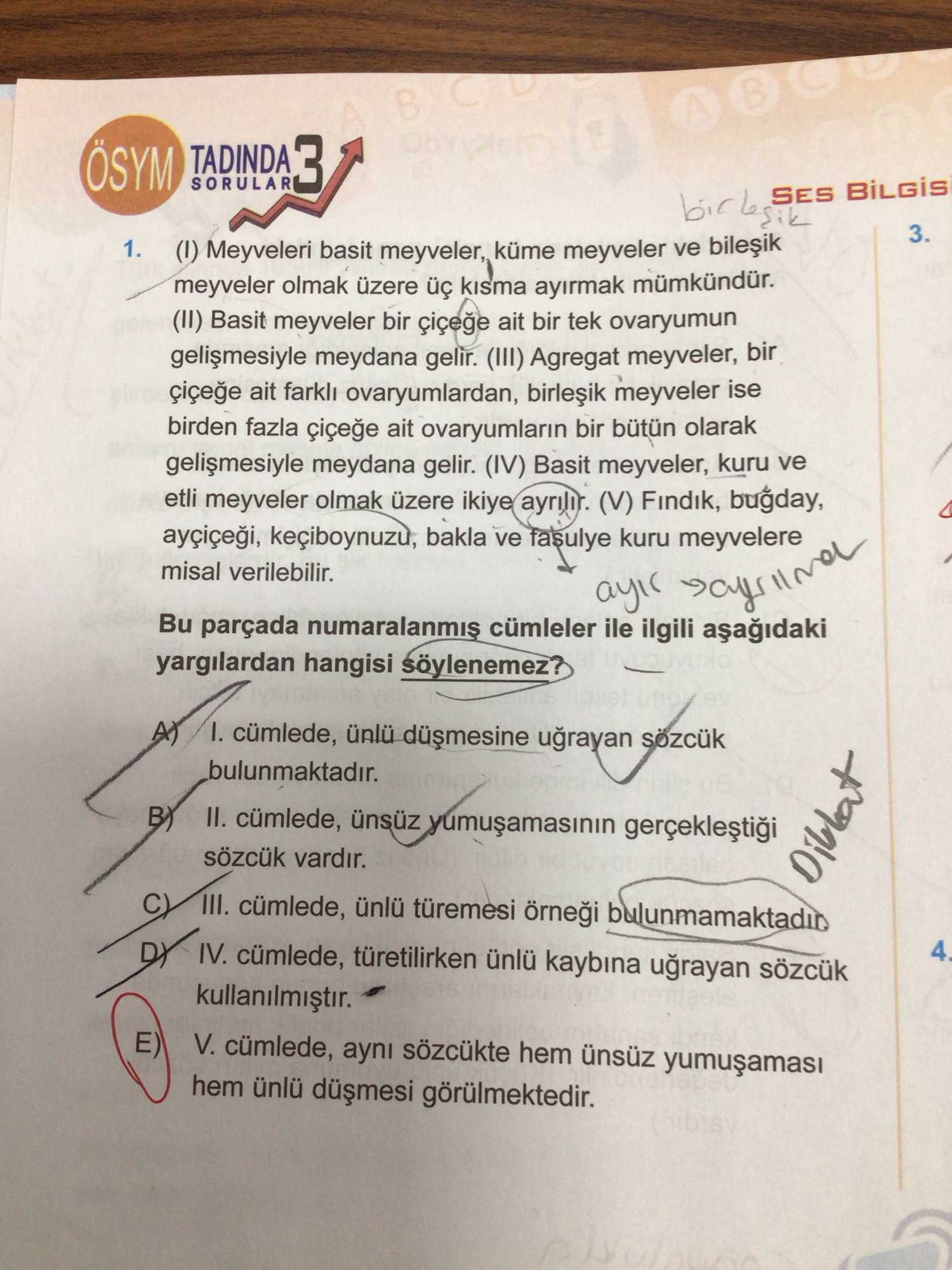 (I) Meyveleri basit meyveler, küme meyveler ve bileşik meyveler olmak üzere üç kısma ayırmak