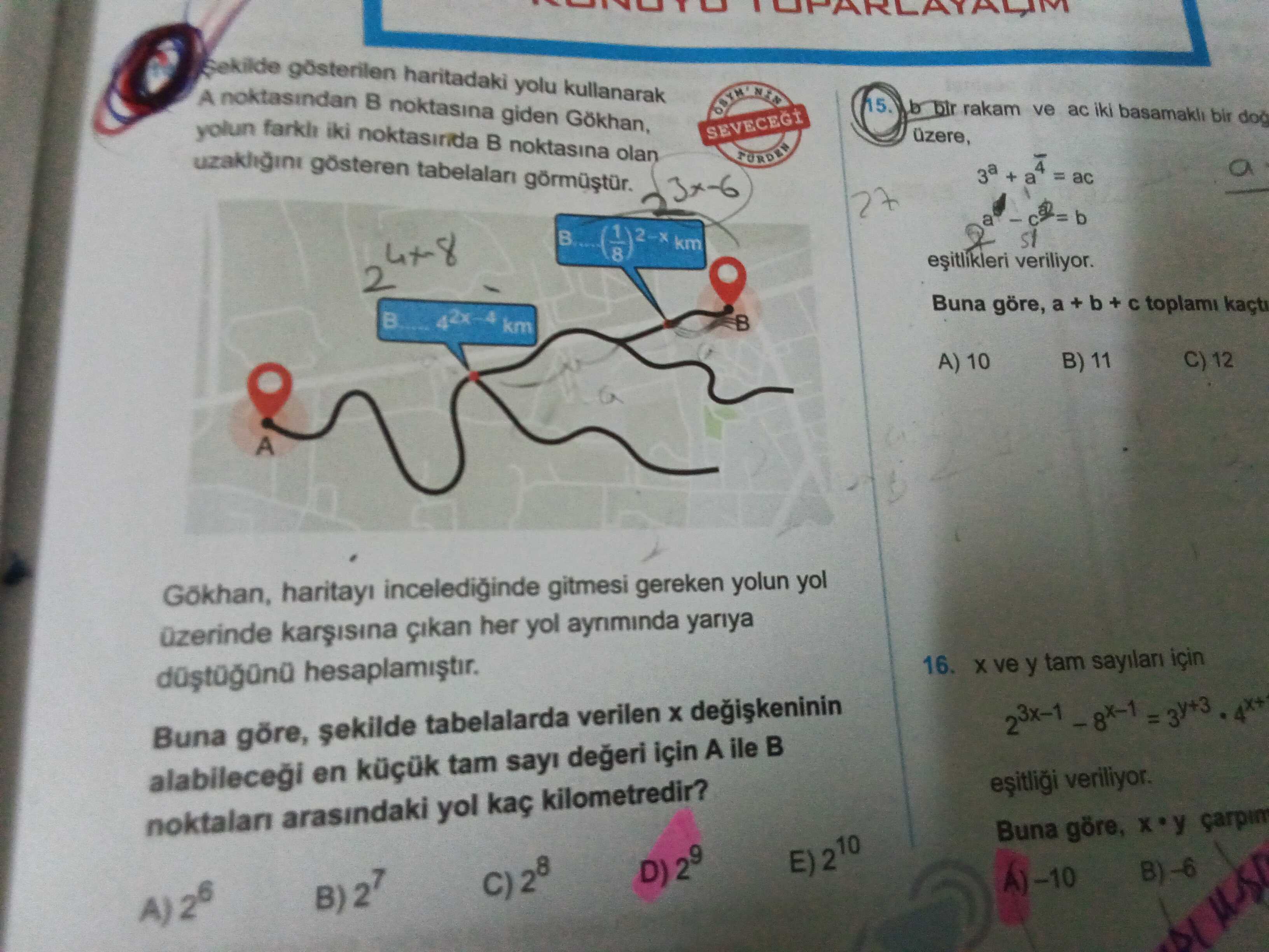 Şekilde gösterilen haritadaki yolu kullanarak A noktasından B noktasına giden Gökhan, yolun farklı