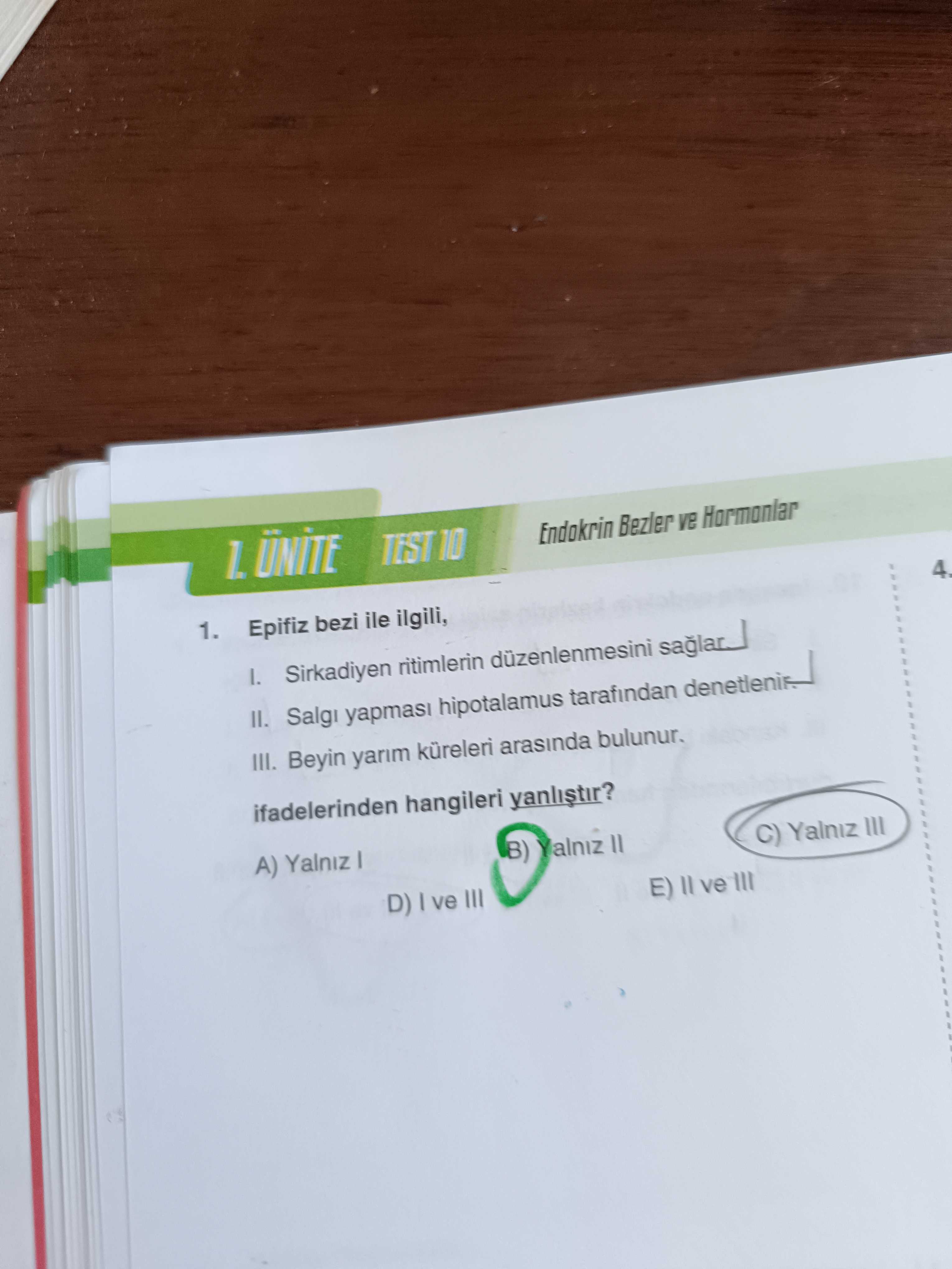 Epifiz bezi ile ilgili, I. Sirkadiyen ritimlerin düzenlenmesini sağlar. II. Salgı yapması