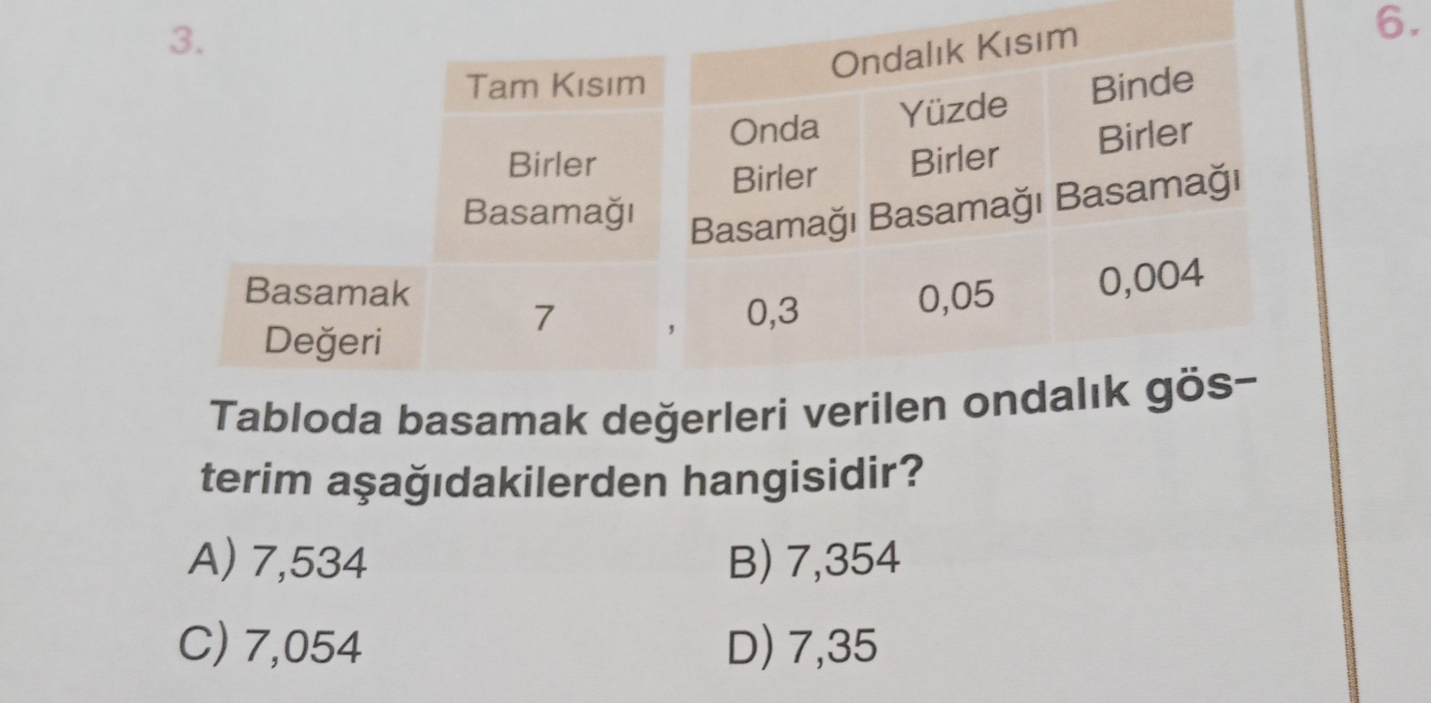 Tabloda basamak değerleri verilen ondalık gösterim aşağıdakilerden hangisidir?