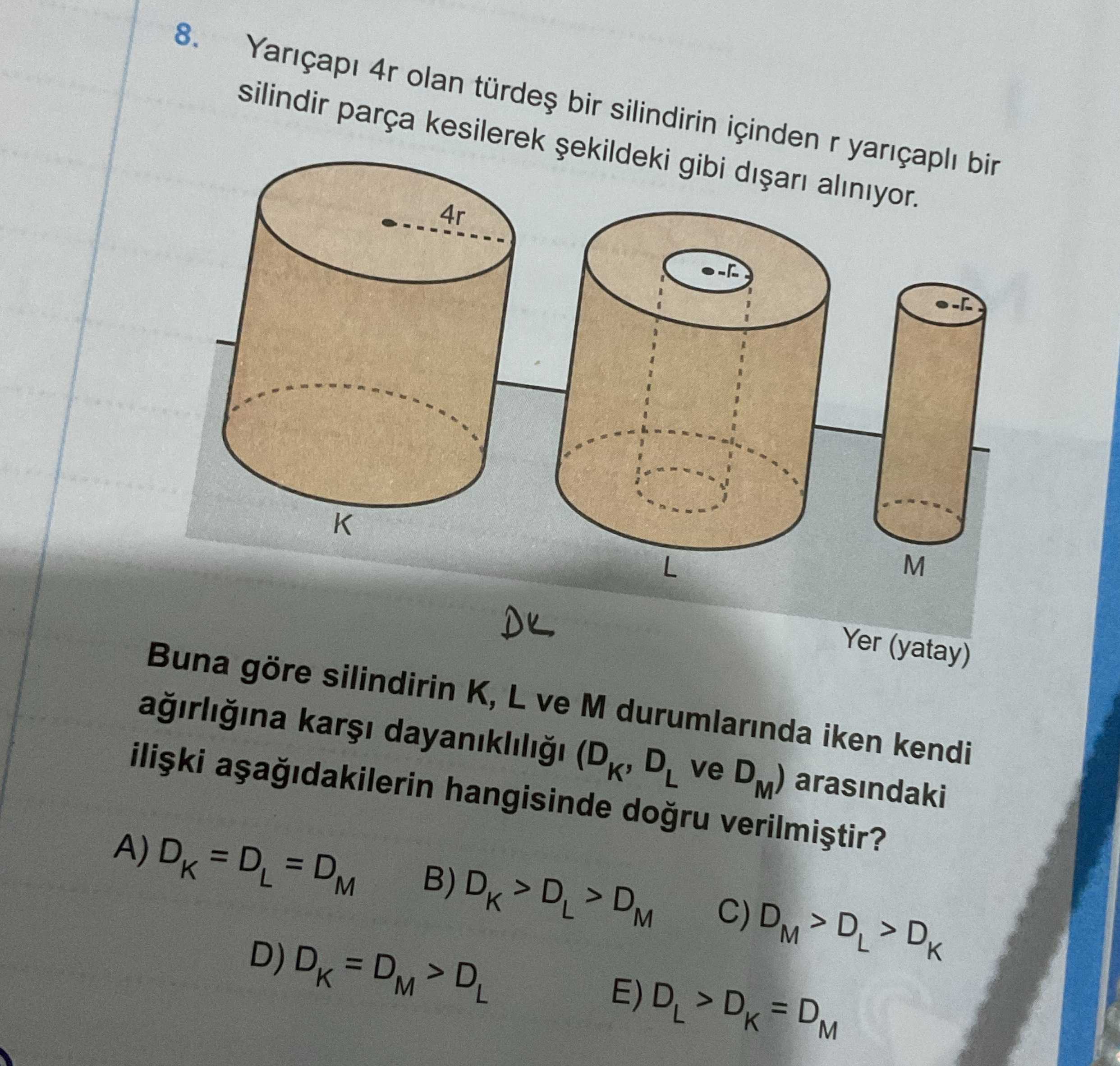 Yarıçapı 4r olan türdeş bir silindirin içinden r yarıçaplı bir silindir parça kesilerek şekildeki