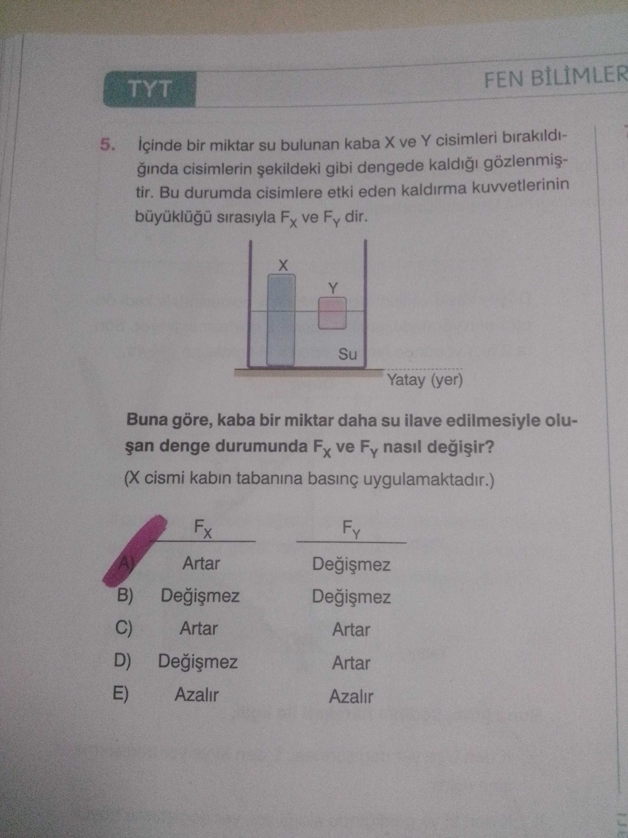 İçinde bir miktar su bulunan kaba X ve Y cisimleri bırakıldığında cisimlerin şekildeki gibi dengede