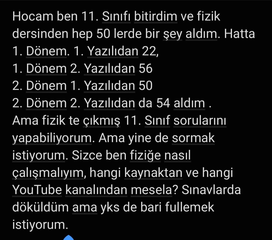 Hocam ben 11. Sınıfı bitirdim ve fizik dersinden hep 50 lerde bir şey aldım. Hatta 1. Dönem. 1