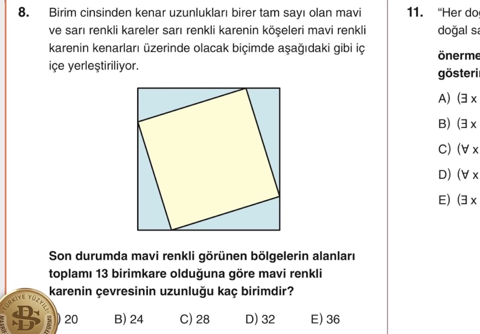 Birim cinsinden kenar uzunlukları birer tam sayı olan mavi ve sarı renkli kareler sarı renkli