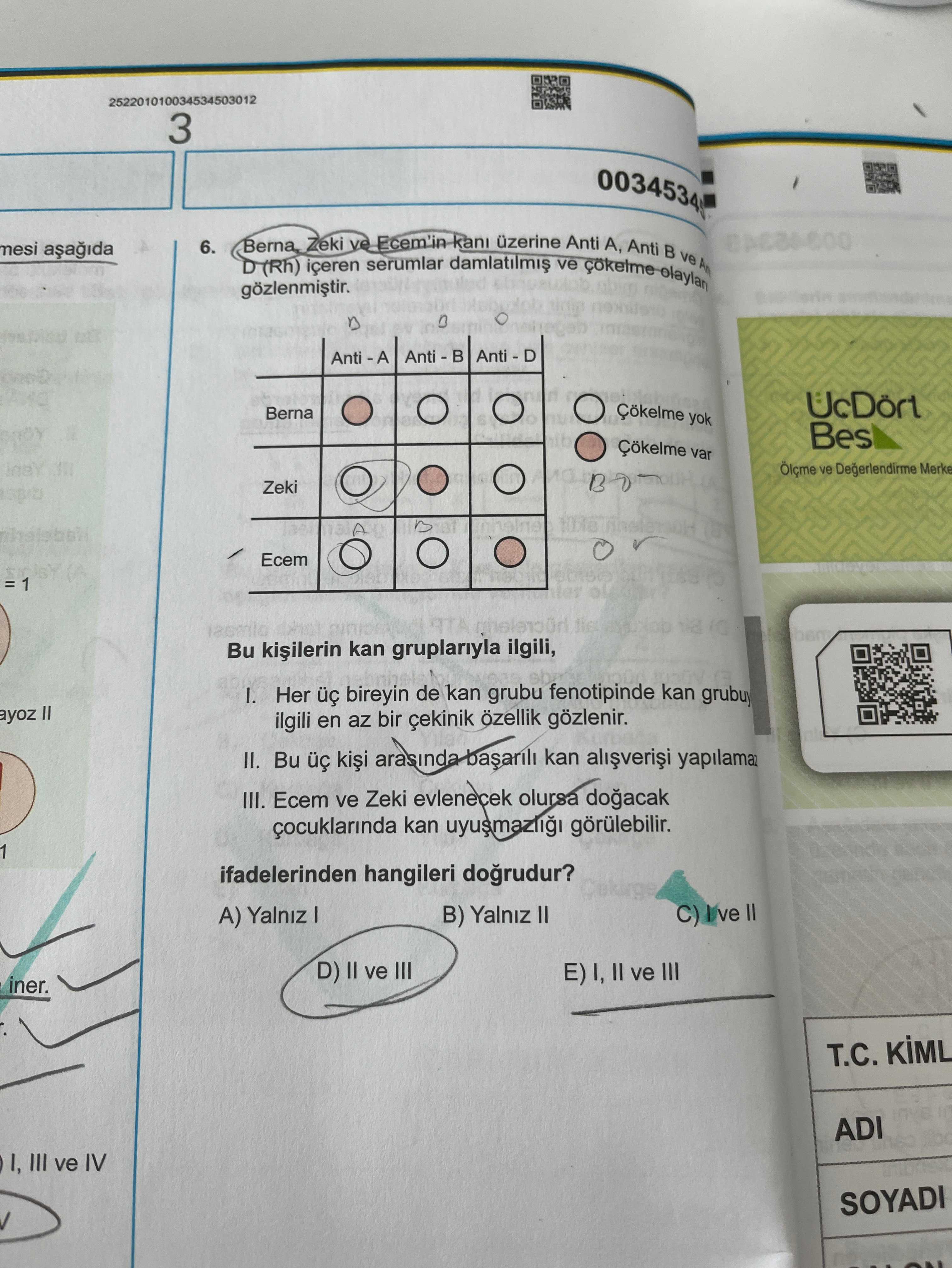 Berna, Zeki ve Ecem'in kanı üzerine Anti A, Anti B ve Anti D (Rh) içeren serumlar damlatılmış ve
