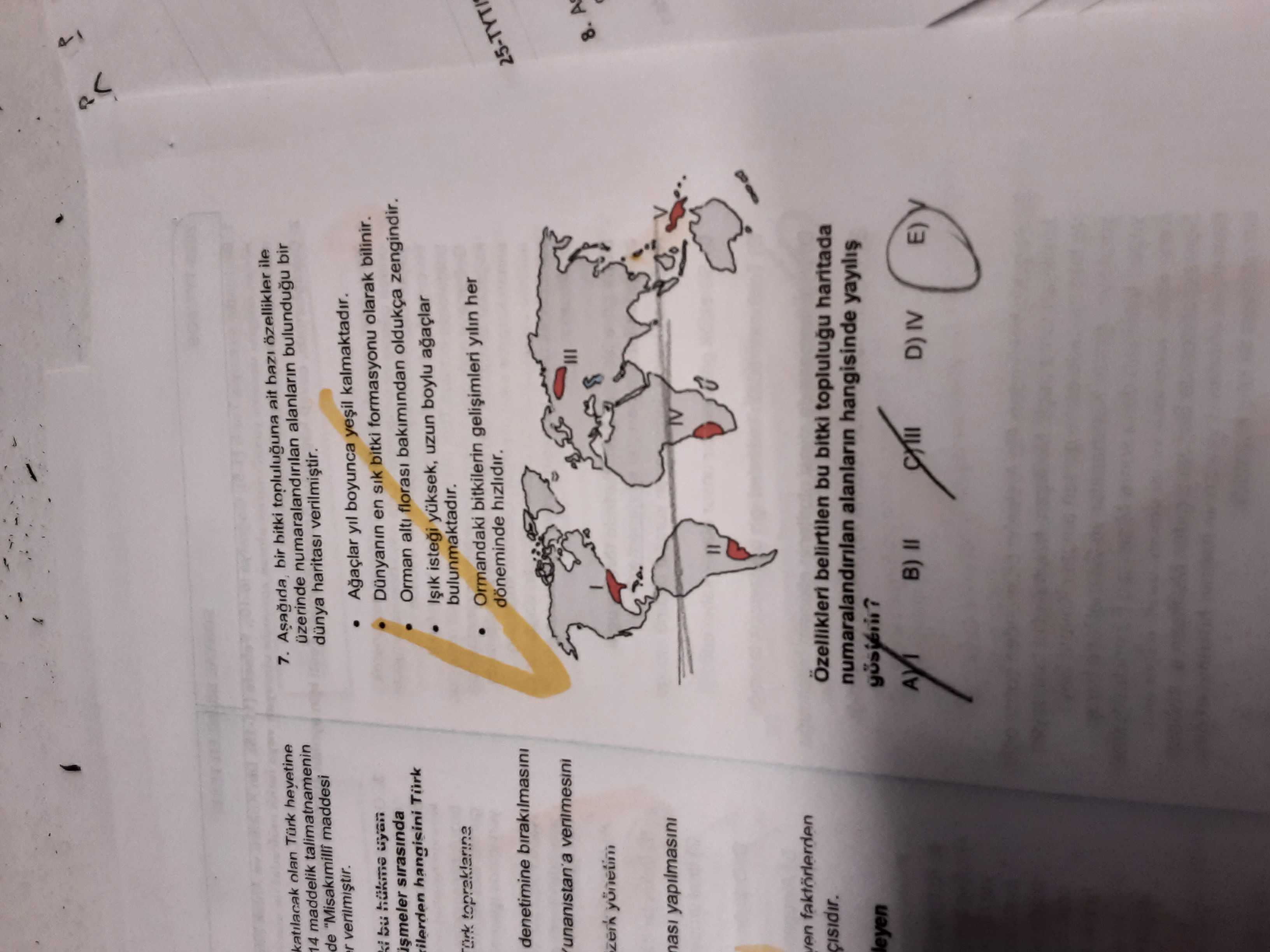 Aşağıda, bir bitki topluluğuna ait bazı özellikler ile üzerinde numaralandırılan alanların bulunduğu