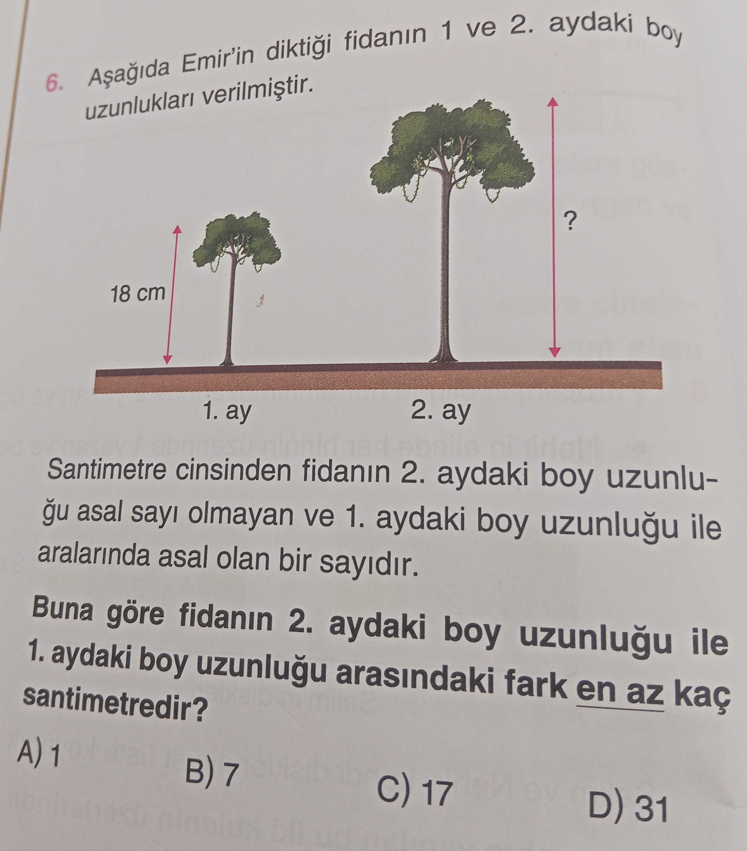 Aşağıda Emir'in diktiği fidanın 1 ve 2. aydaki boy uzunlukları verilmiştir. Santimetre cinsinden