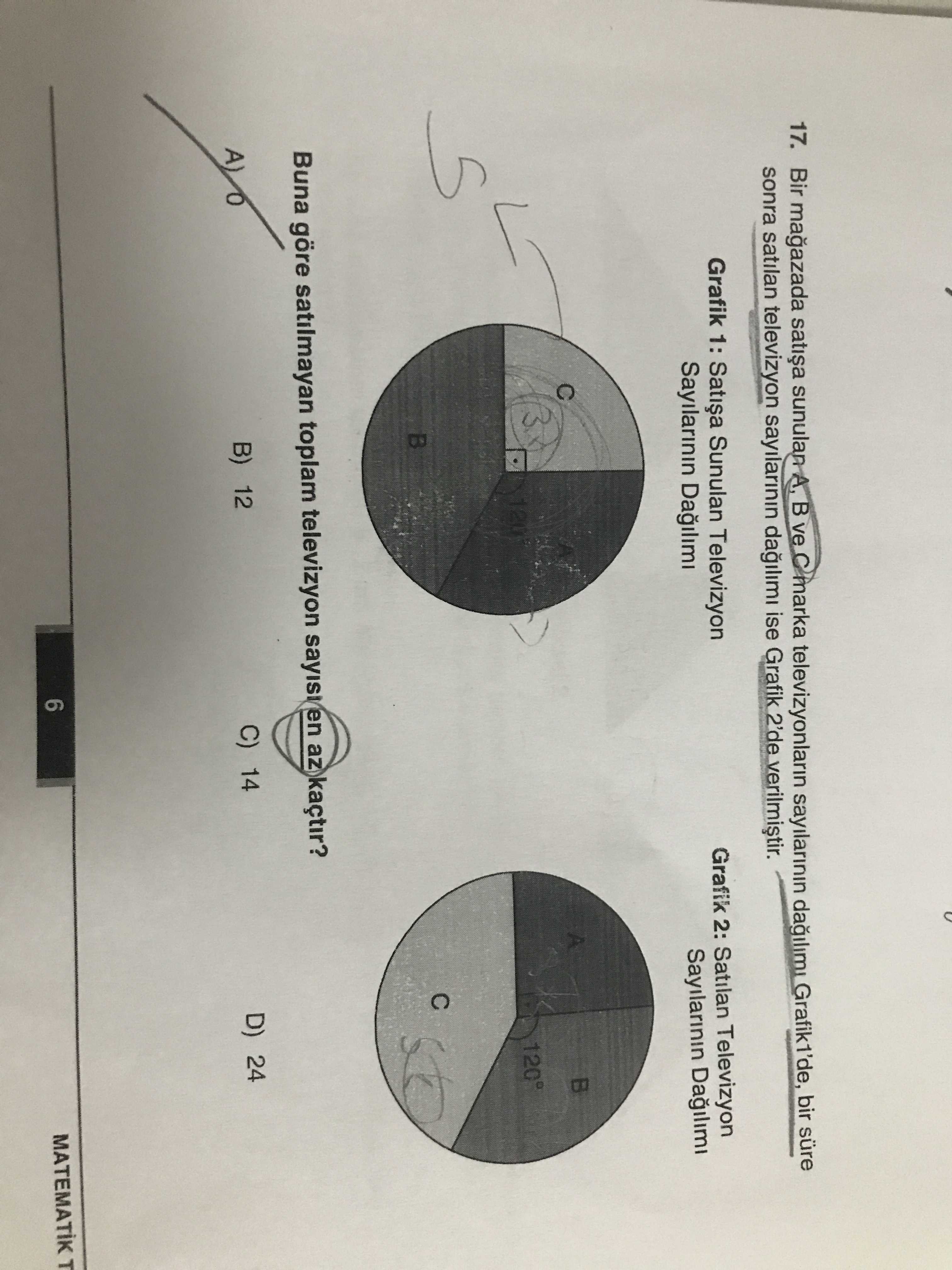 Bir mağazada satışa sunulan A, B ve C marka televizyonların sayılarının dağılımı Grafik 1'de, bir