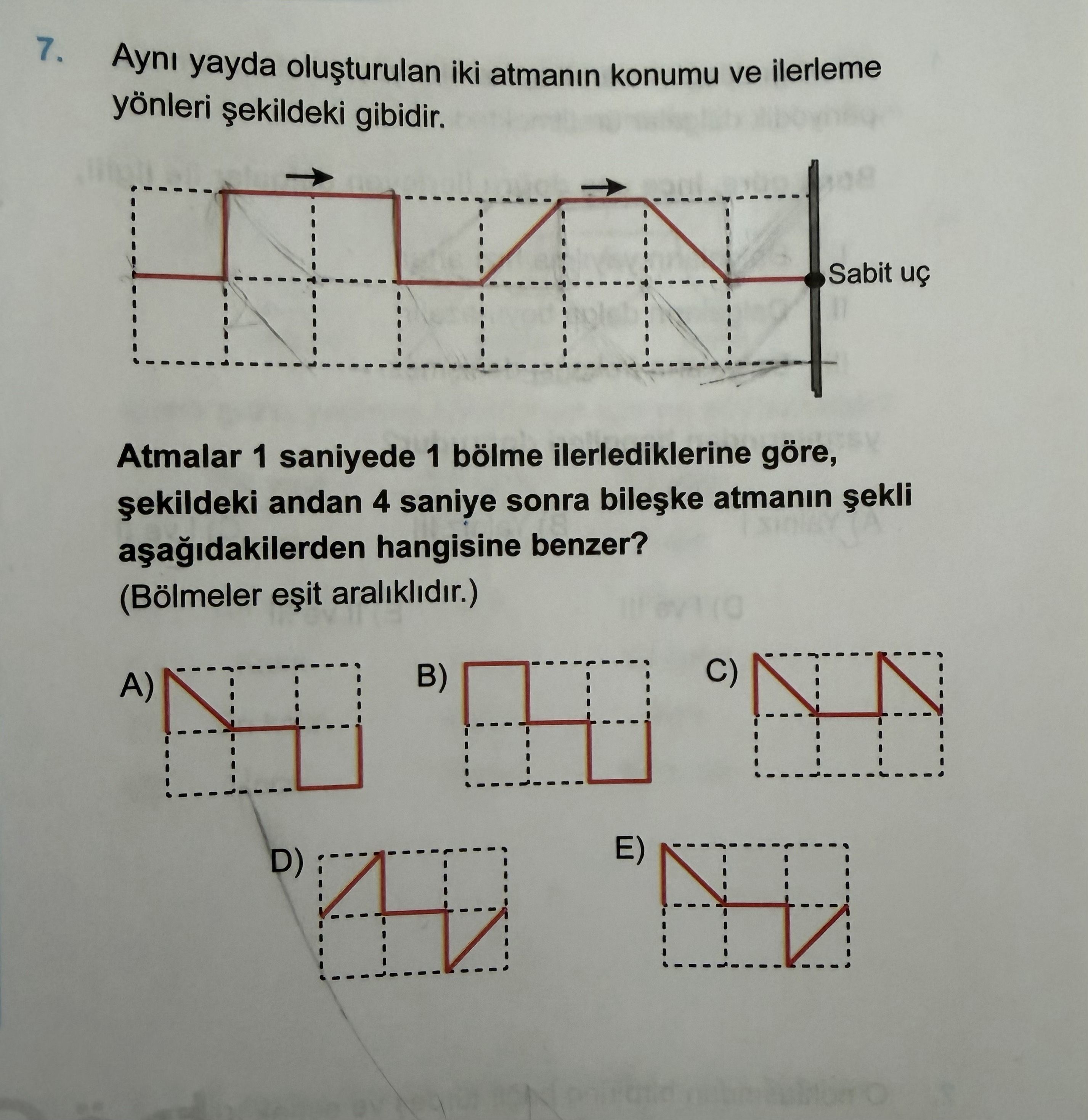 Aynı yayda oluşturulan iki atmanın konumu ve ilerleme yönleri şekildeki gibidir. Atmalar 1 saniyede
