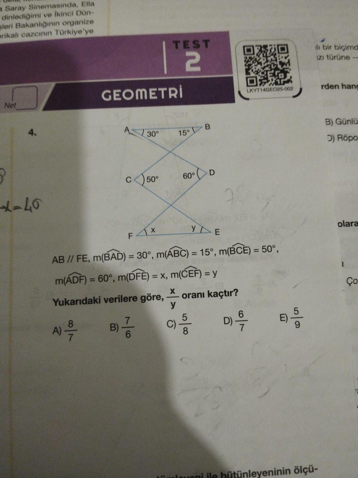 AB // FE, m(B̂AD) = 30°, m(ÂBC) = 15°, m(B̂CE) = 50°, m(ÂDF) = 60°, m(D̂FE) = x, m(ĈEF) = y