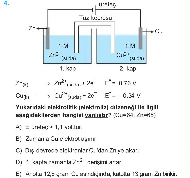 Zn(k) ⟶ Zn²⁺(suda) + 2e⁻ E° = 0,76 V Cu(k) ⟶ Cu²⁺(suda) + 2e⁻ E° = - 0,34 V Yukarıdaki elektrolitik