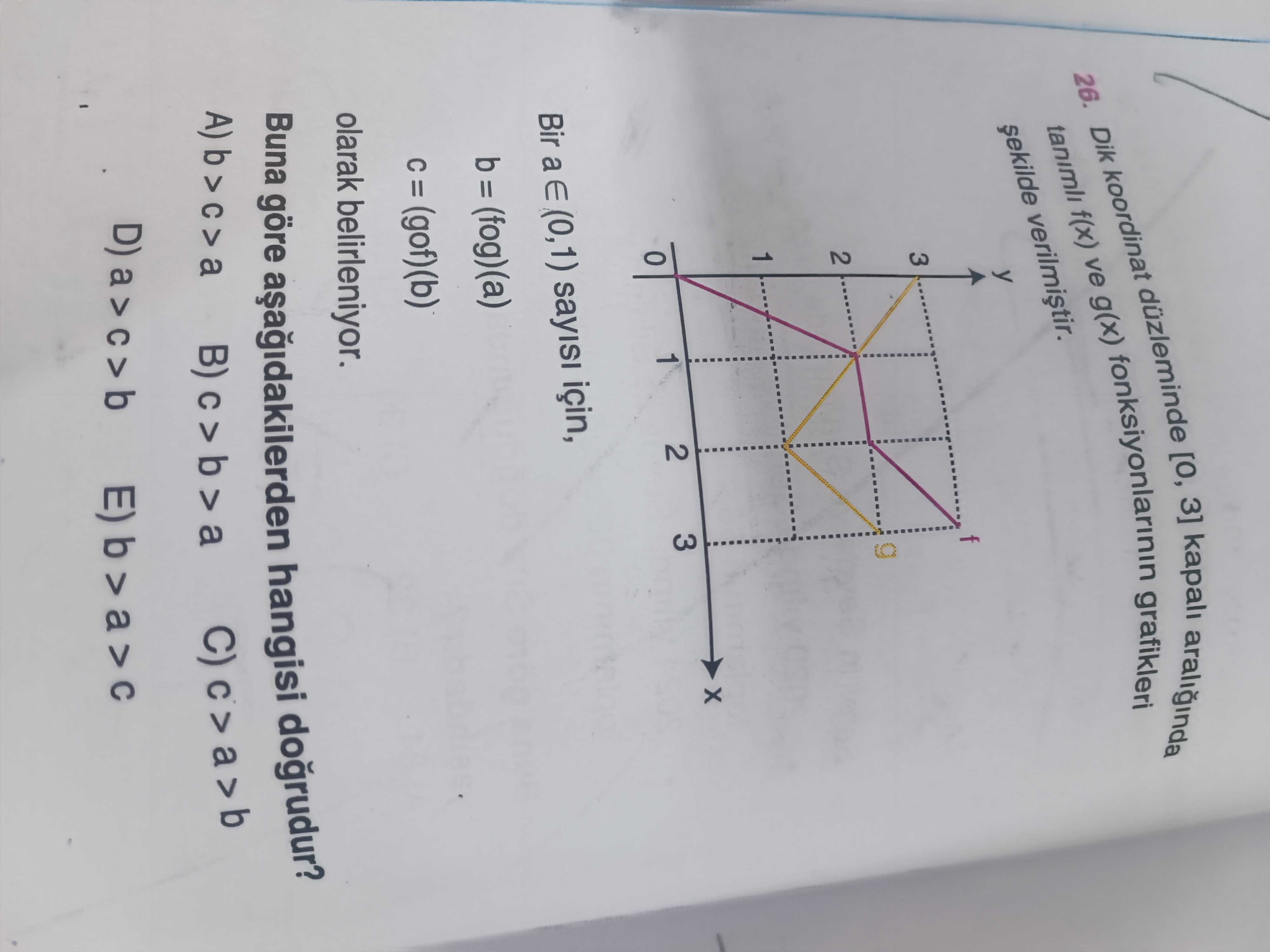 kapalı aralığında tanımlı f(x) ve g(x) fonksiyonlarının grafikleri gösteriliyor; mor ve sarı renkli