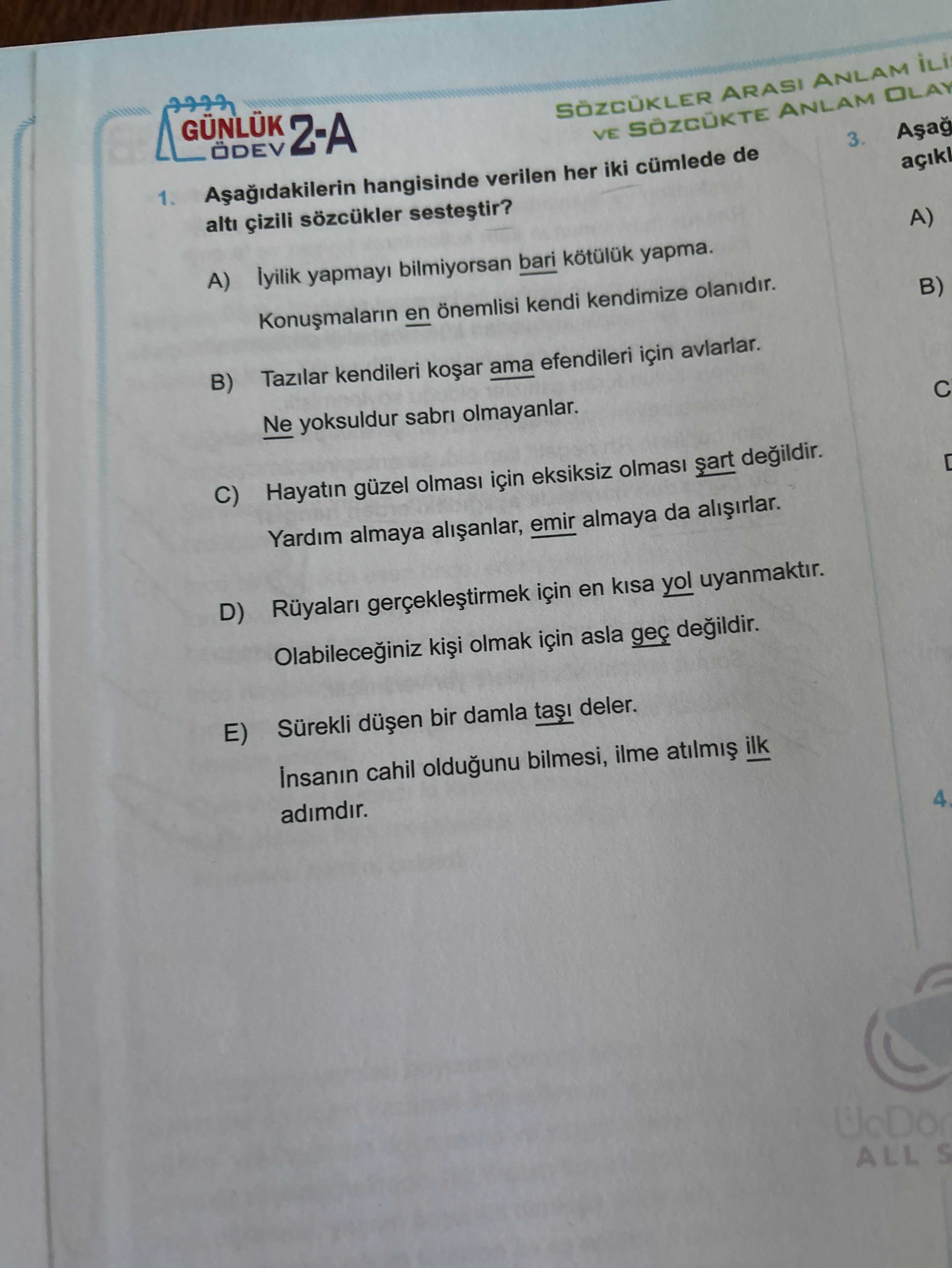 Aşağıdakilerin hangisinde verilen her iki cümlede de altı çizili sözcükler sesteştir?
