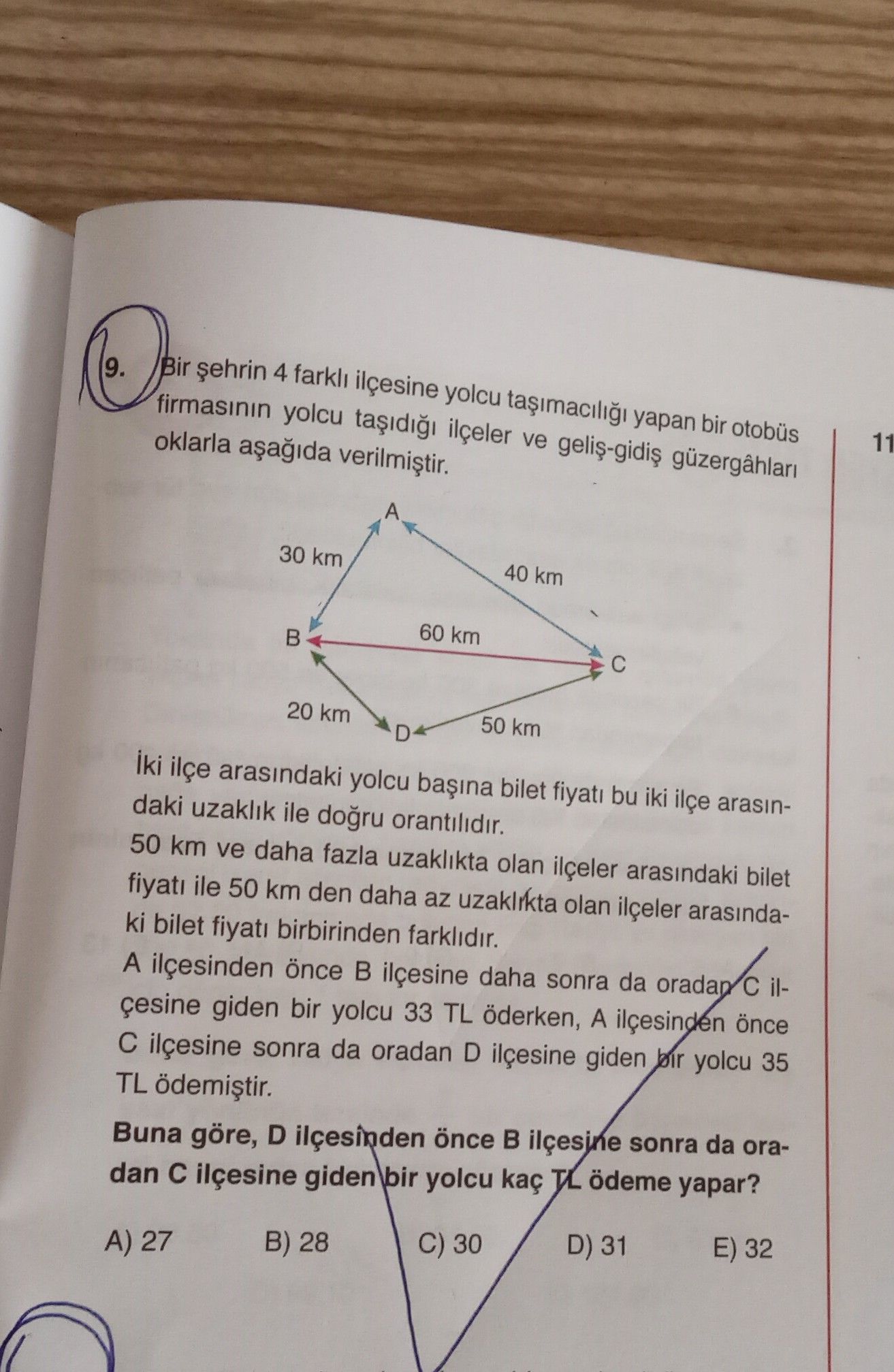 Bir şehrin 4 farklı ilçesine yolcu taşımacılığı yapan bir otobüs firmasının yolcu taşıdığı ilçeler