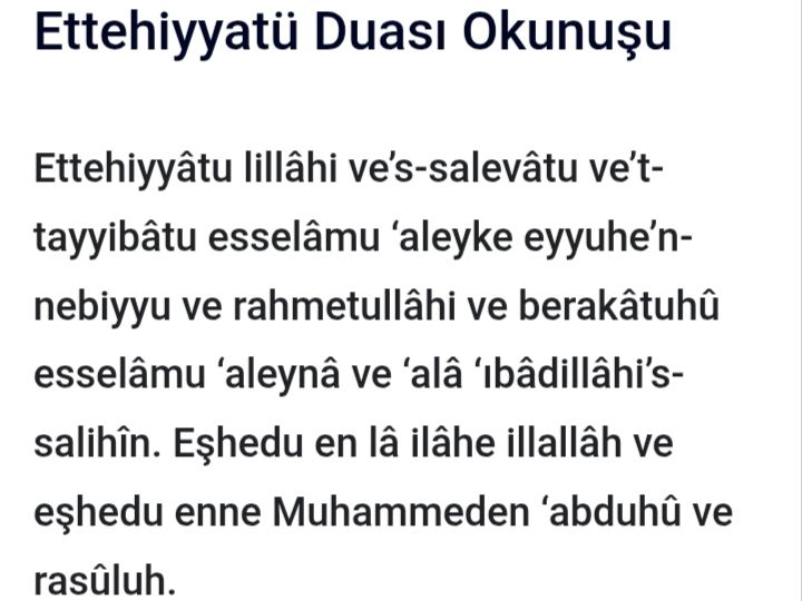 Ettehiyyatü Duası Okunuşu Ettehiyyâtu lillâhi ve's-salevâtu ve't-tayyibâtu esselâmu 'aleyke