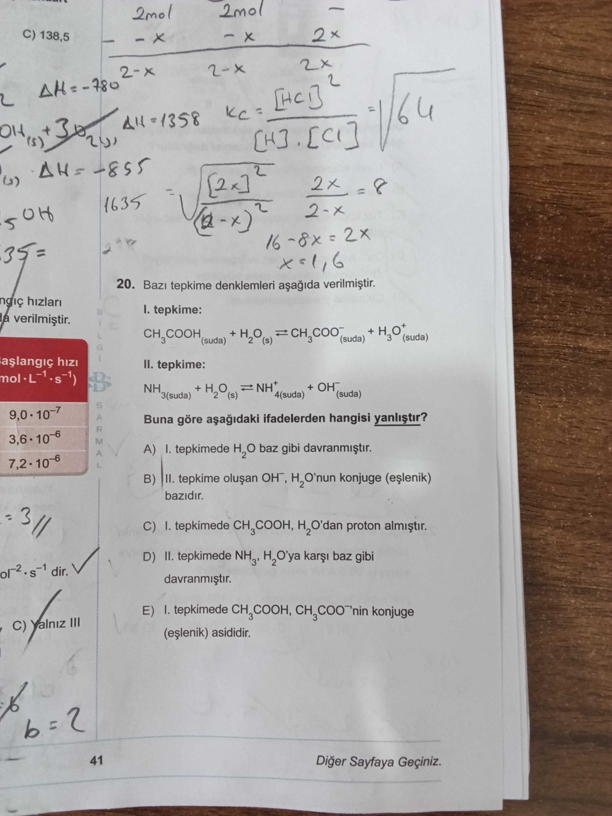 Bazı tepkime denklemleri aşağıda verilmiştir. I. tepkime: CH₃COOH(suda) + H₂O(s) ⇌ CH₃COO⁻(suda) +