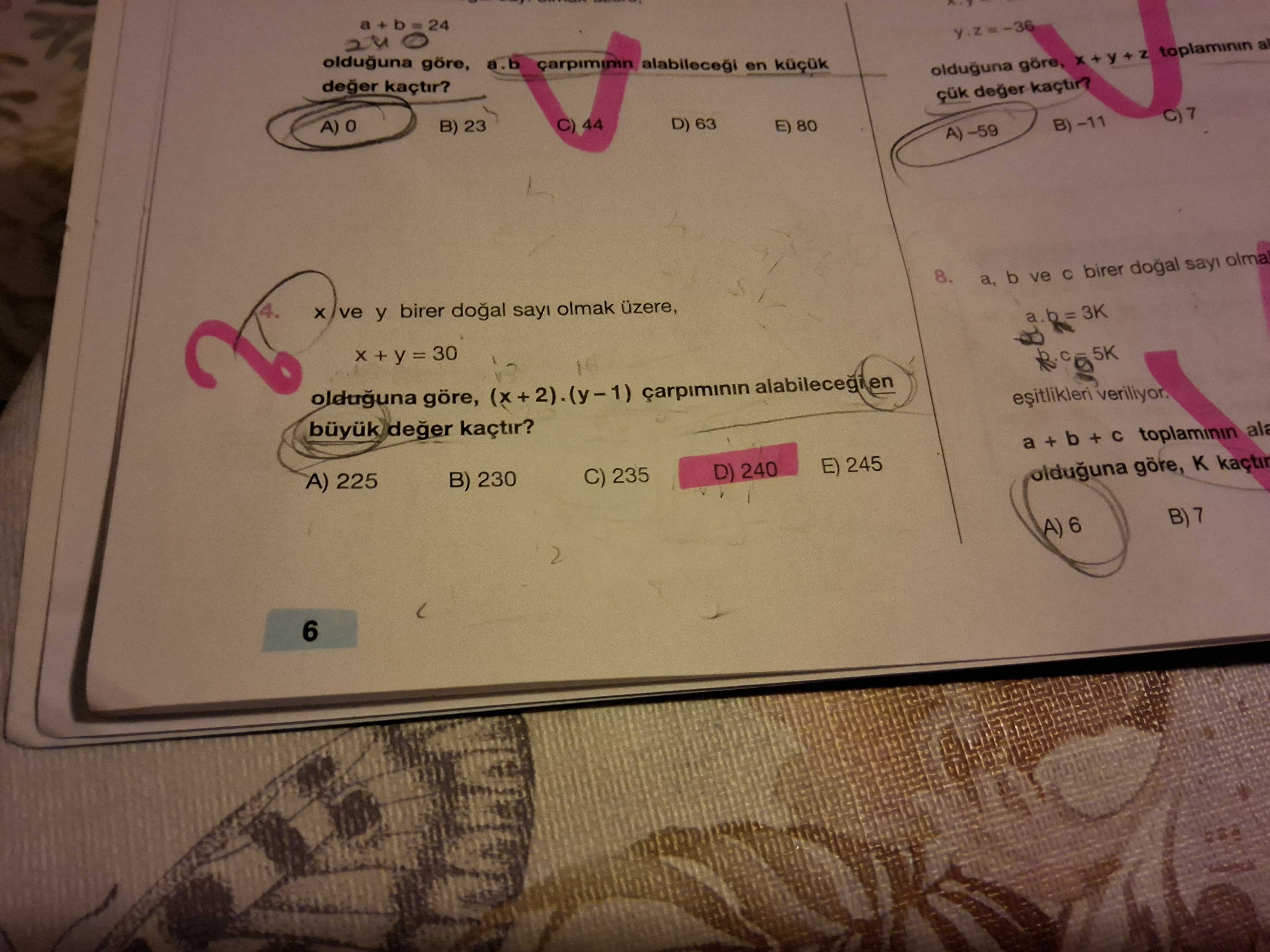 x ve y birer doğal sayı olmak üzere, x + y = 30 olduğuna göre, (x + 2).(y – 1) çarpımının