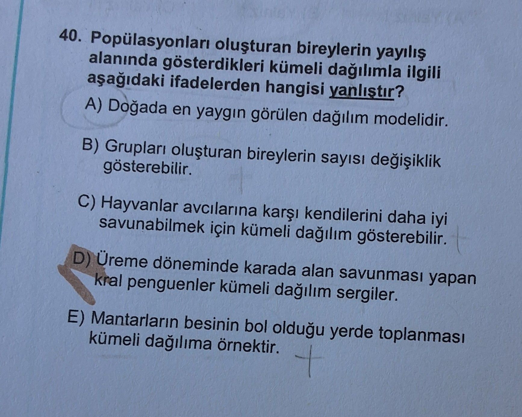 Popülasyonları oluşturan bireylerin yayılış alanında gösterdikleri kümeli dağılımla ilgili aşağıdaki