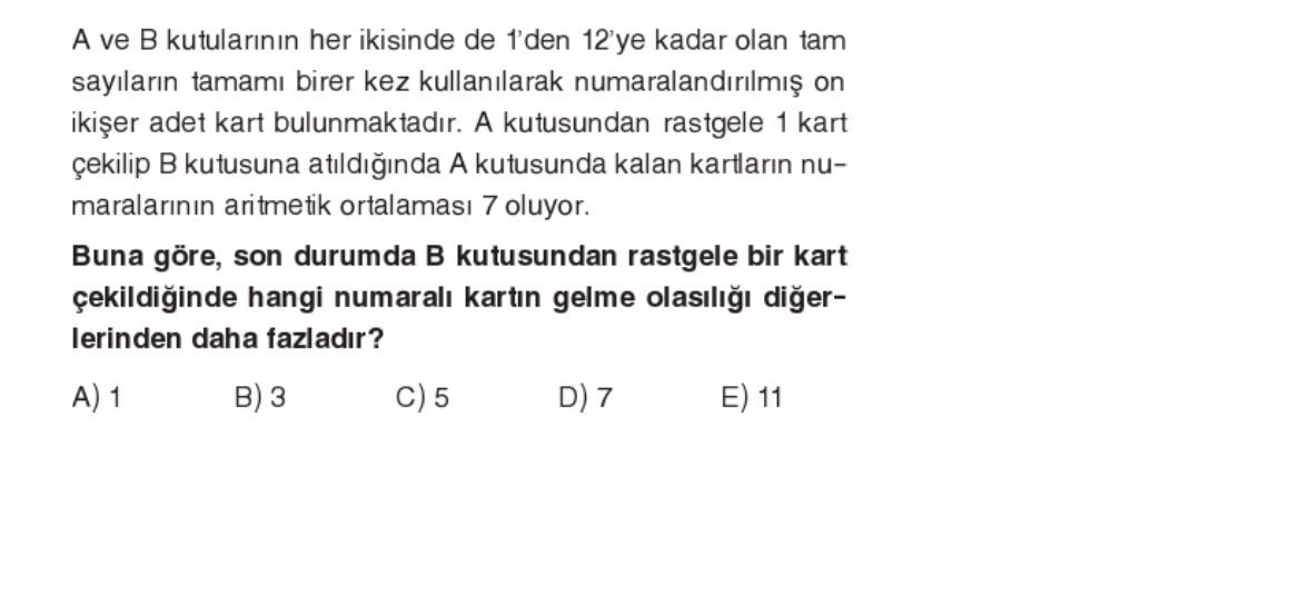 A ve B kutularının her ikisinde de 1'den 12'ye kadar olan tam sayıların tamamı birer kez