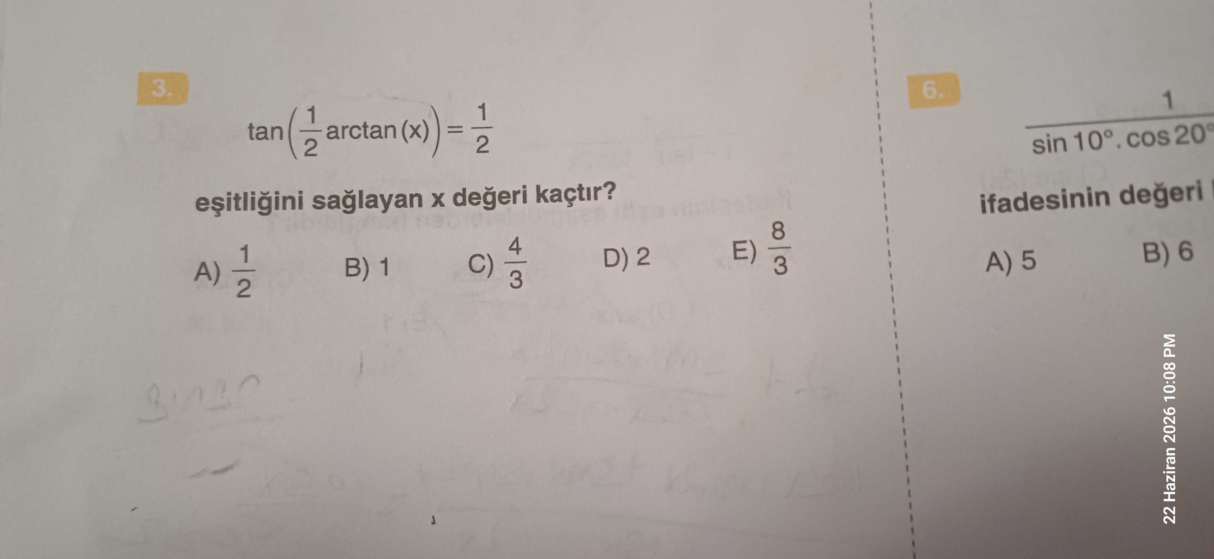 tan(1/2 arctan(x)) = 1/2 eşitliğini sağlayan x değeri kaçtır?