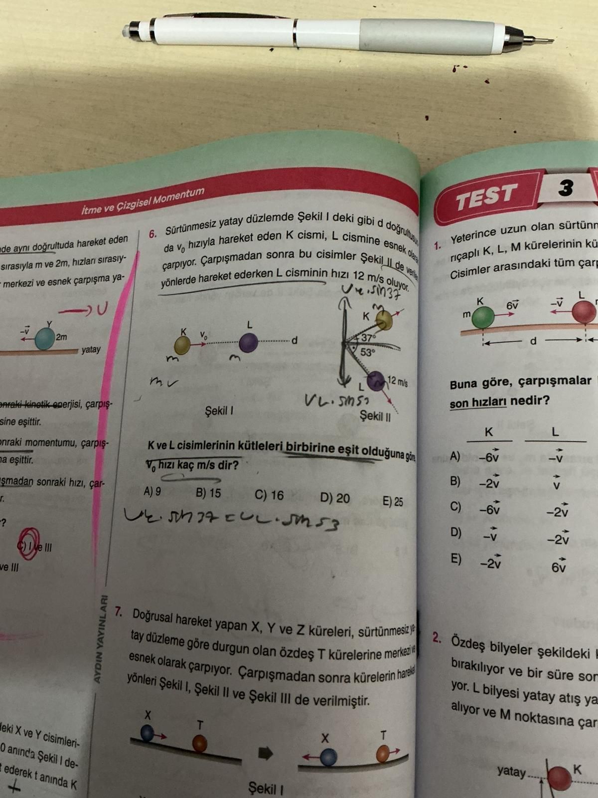 Sürtünmesiz yatay düzlemde Şekil I deki gibi d doğrultusunda v₀ hızıyla hareket eden K cismi, L