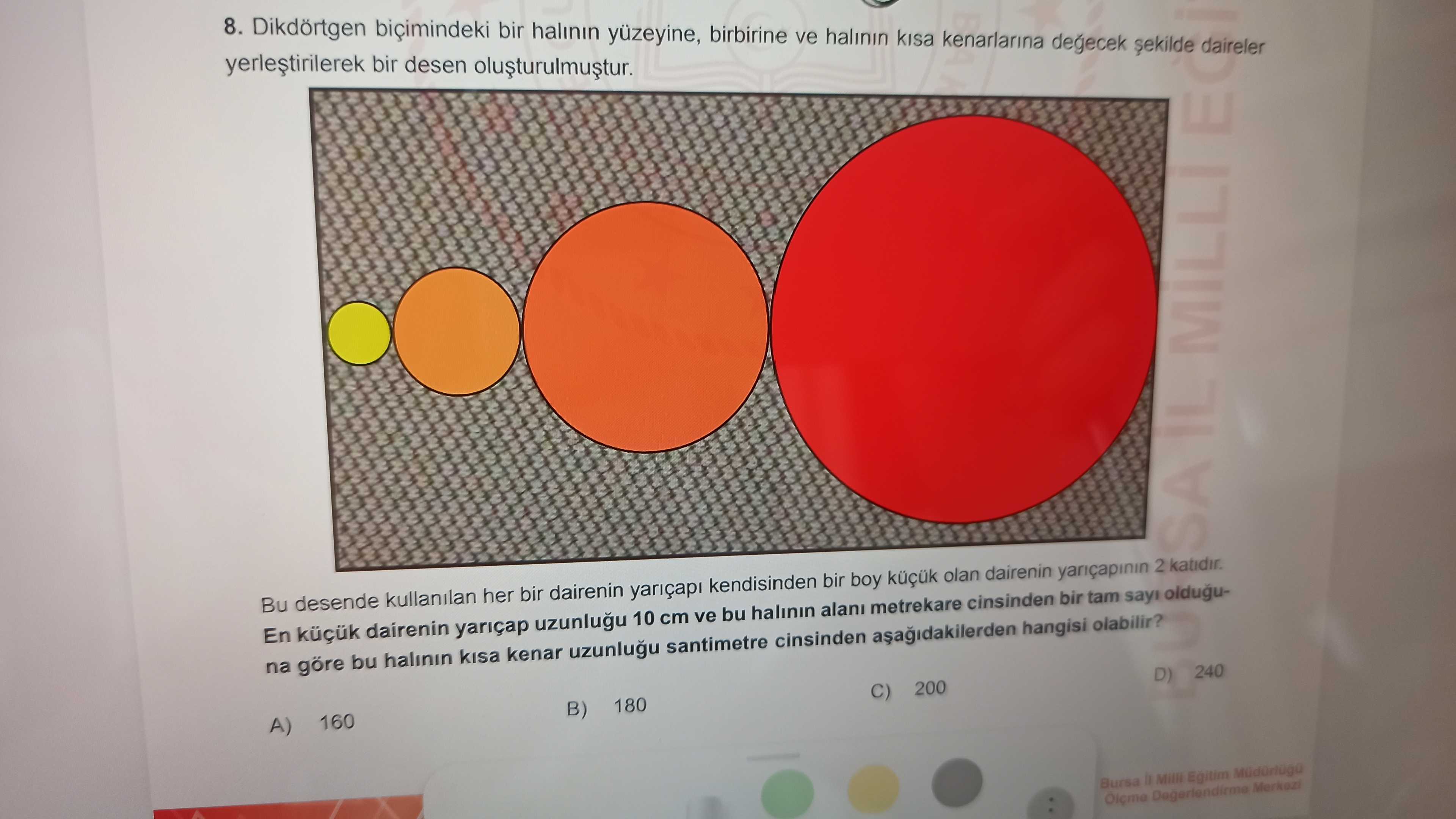 Dikdörtgen biçimindeki bir halının yüzeyine, birbirine ve halının kısa kenarlarına değecek şekilde