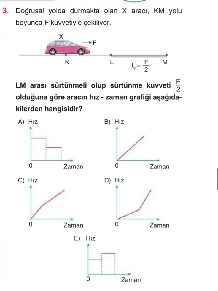 Doğrusal yolda durmakta olan X aracı, KM yolu boyunca F kuvvetiyle çekiliyor. LM arası sürtünmeli