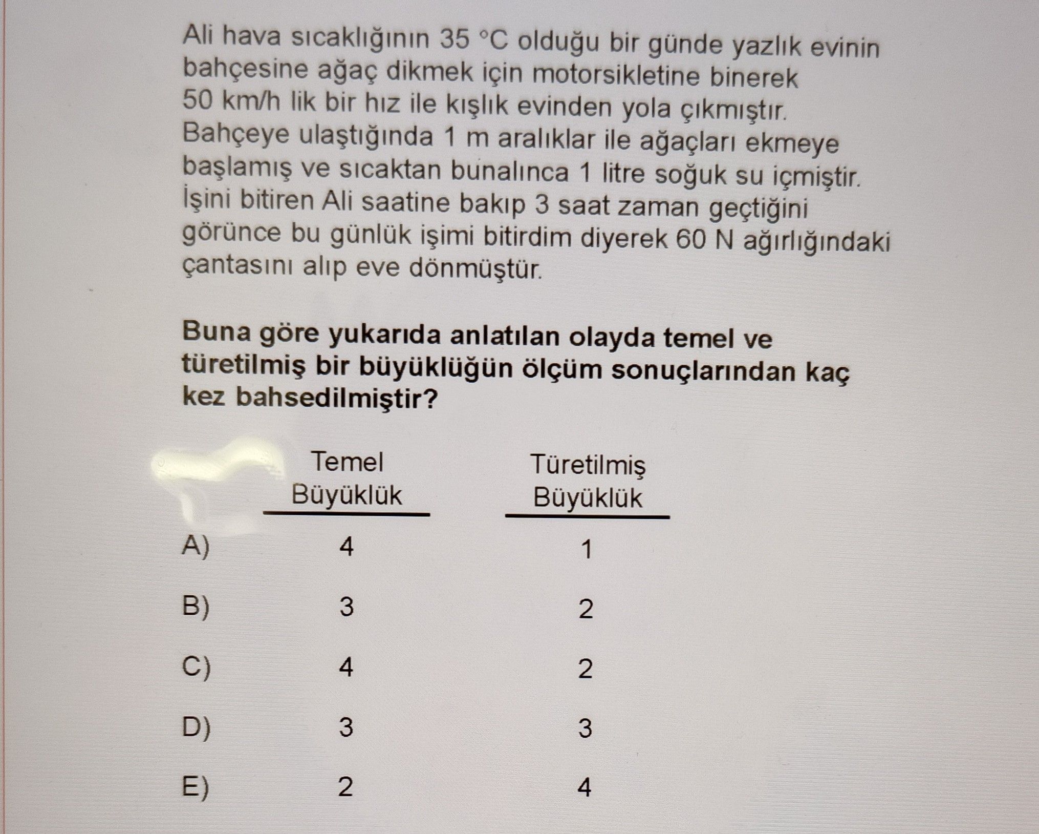 Ali hava sıcaklığının 35 °C olduğu bir günde yazlık evinin bahçesine ağaç dikmek için motorsikletine