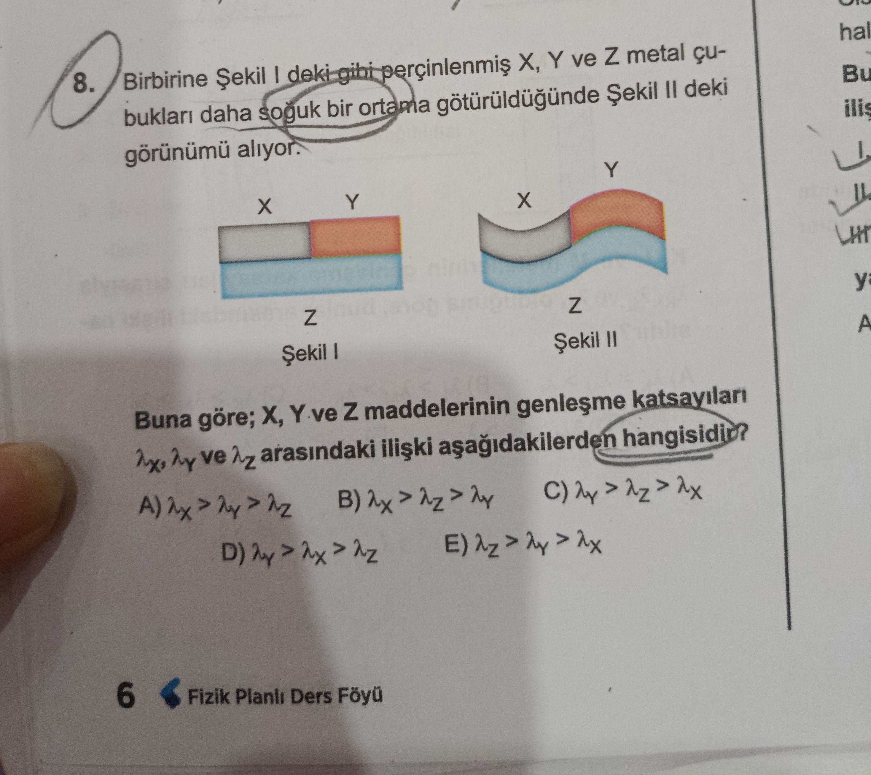 Birbirine Şekil I deki gibi perçinlenmiş X, Y ve Z metal çubukları daha soğuk bir ortama