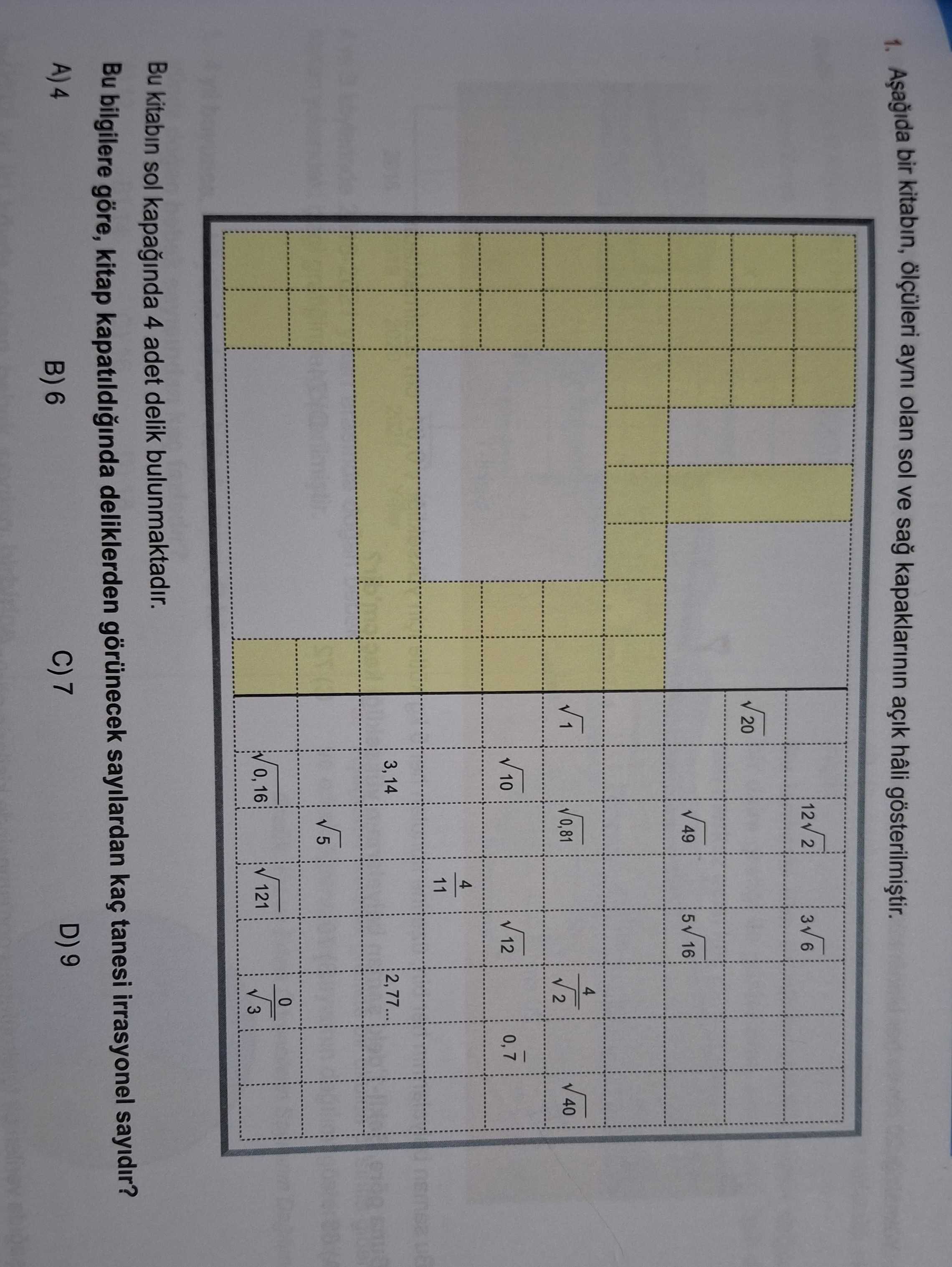 Aşağıda bir kitabın, ölçüleri aynı olan sol ve sağ kapaklarının açık hali gösterilmiştir. Bu kitabın