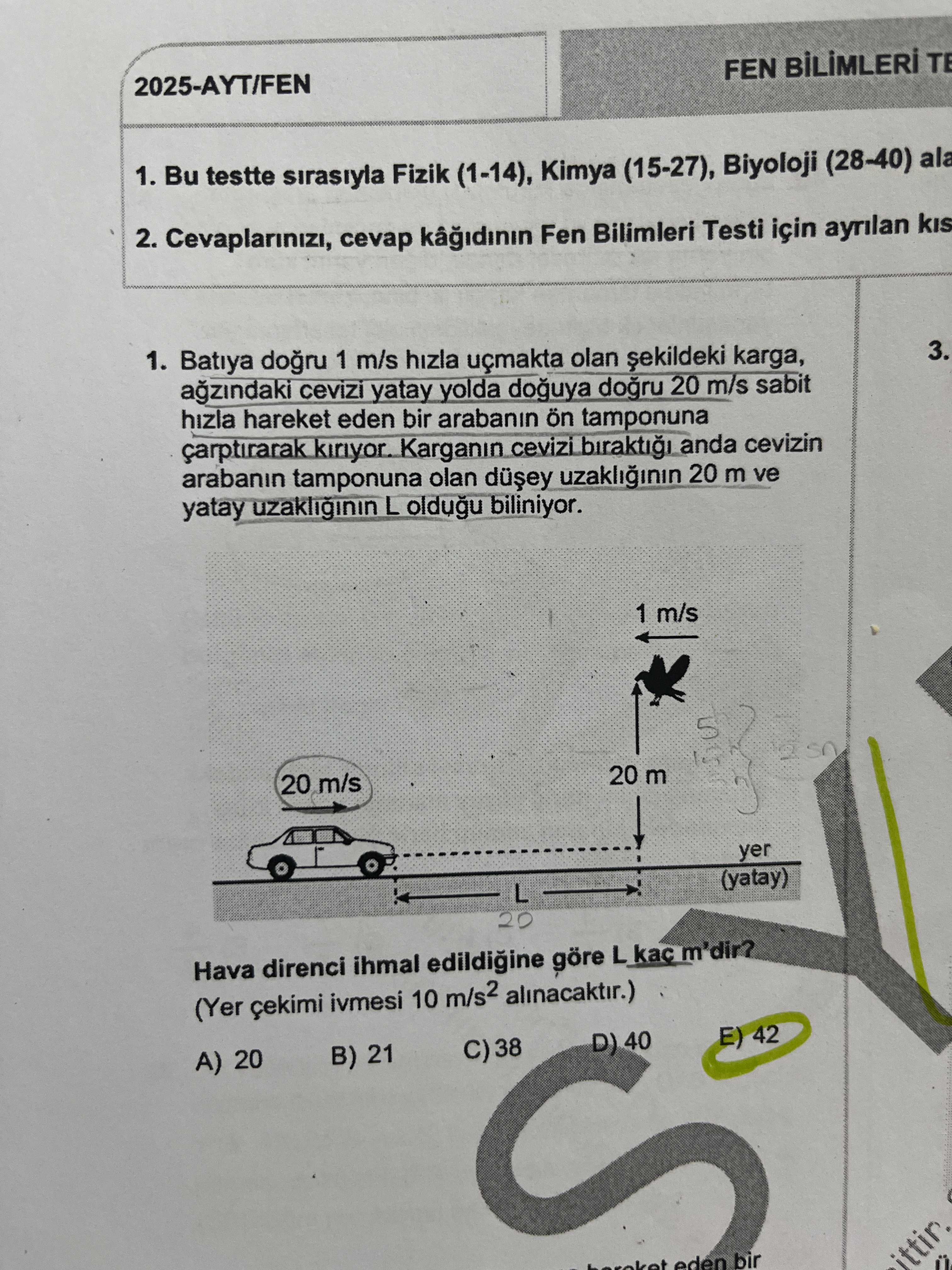Batıya doğru 1 m/s hızla uçmakta olan şekildeki karga, ağzındaki cevizi yatay yolda doğuya doğru 20