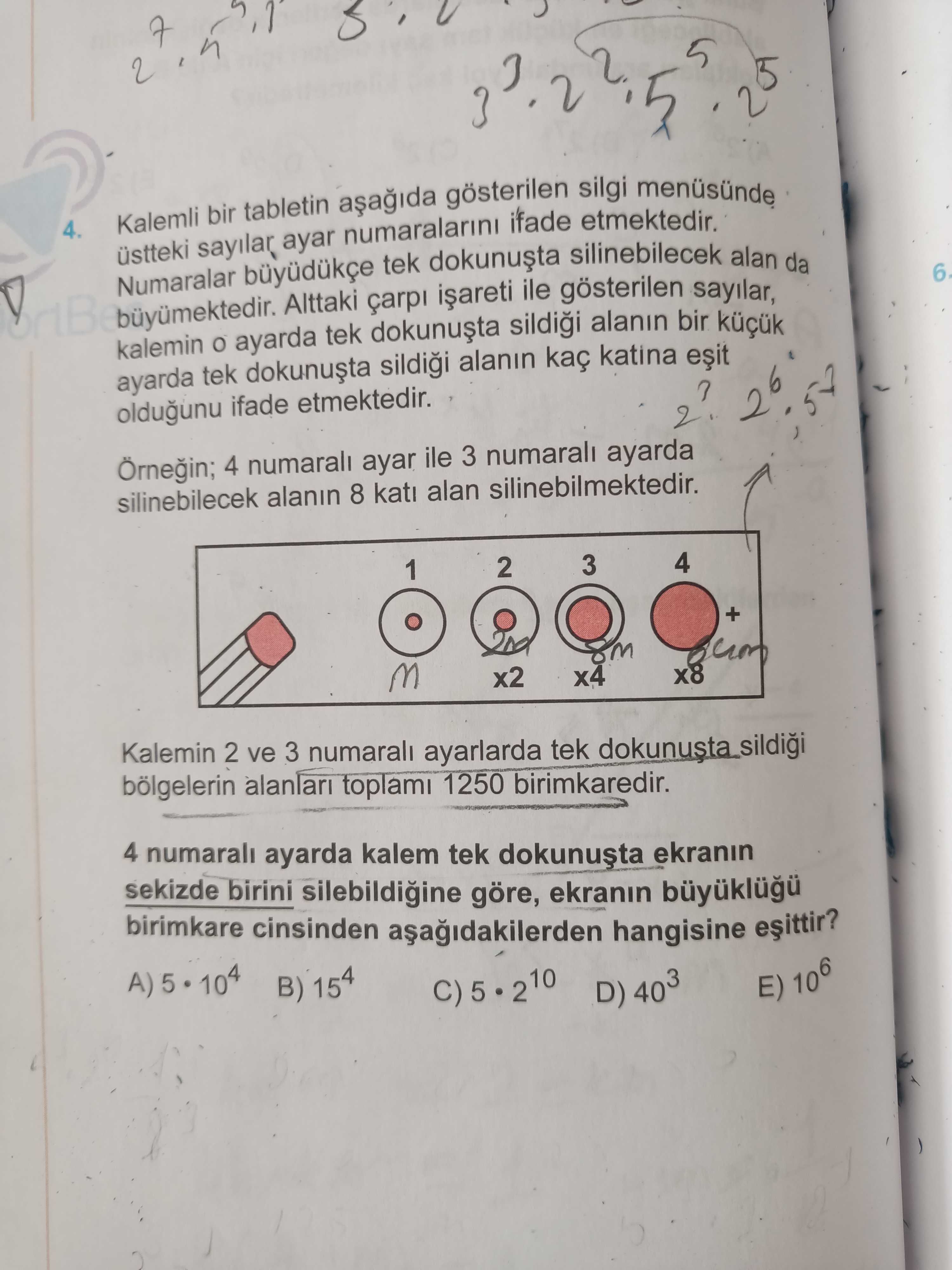 Kalemli bir tabletin aşağıda gösterilen silgi menüsünde üstteki sayılar ayar numaralarını ifade