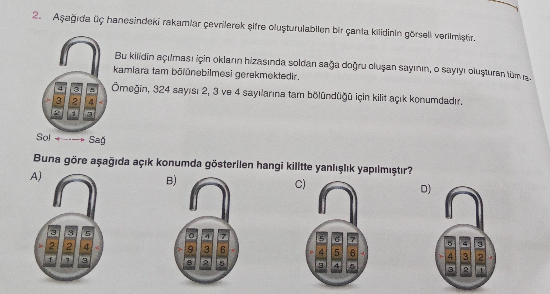 Aşağıda üç hanesindeki rakamlar çevrilerek şifre oluşturulabilen bir çanta kilidinin görseli