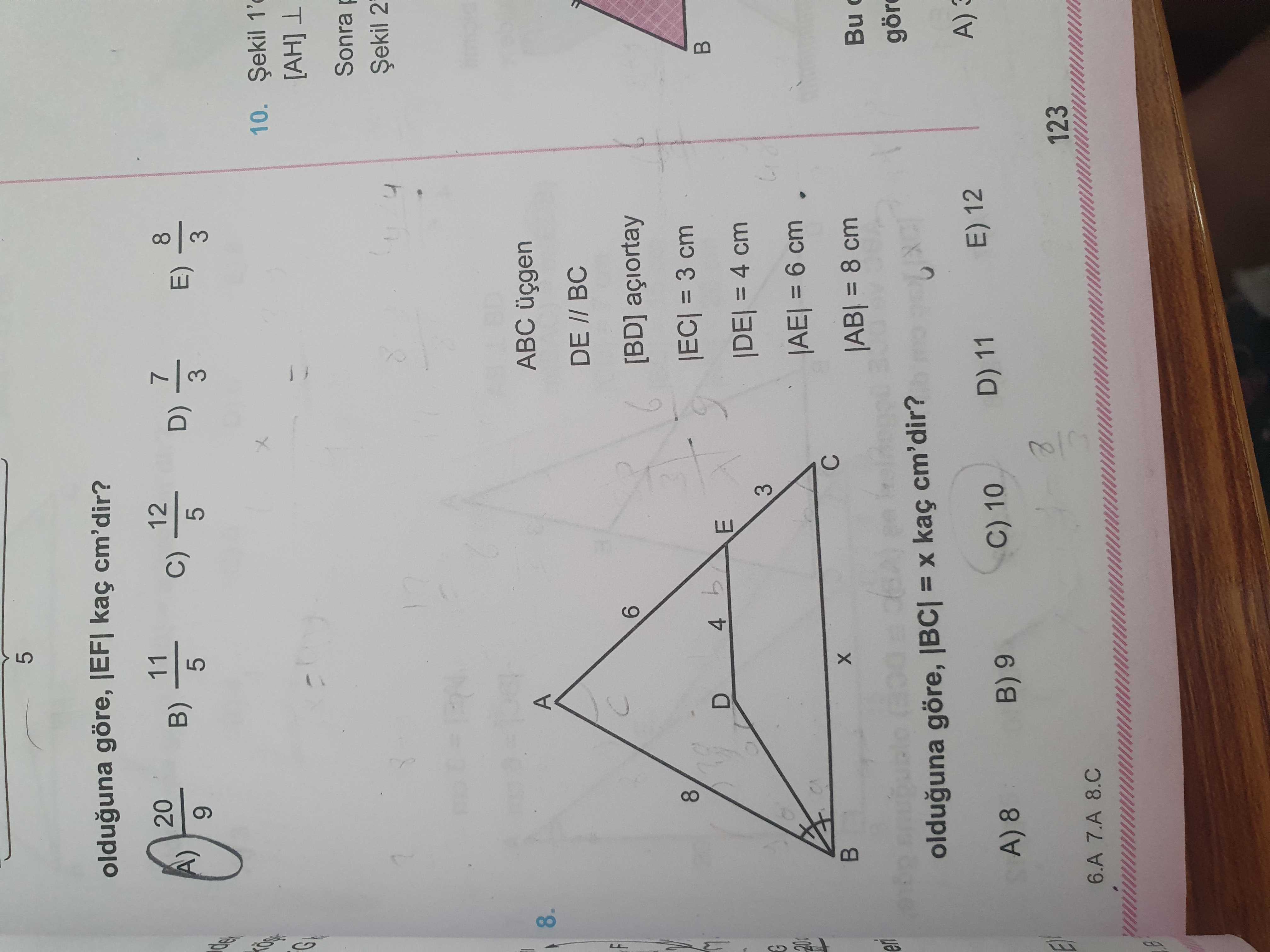 ABC üçgen DE // BC [BD] açıortay |EC| = 3 cm |DE| = 4 cm |AE| = 6 cm |AB| = 8 cm olduğuna göre, |BC|